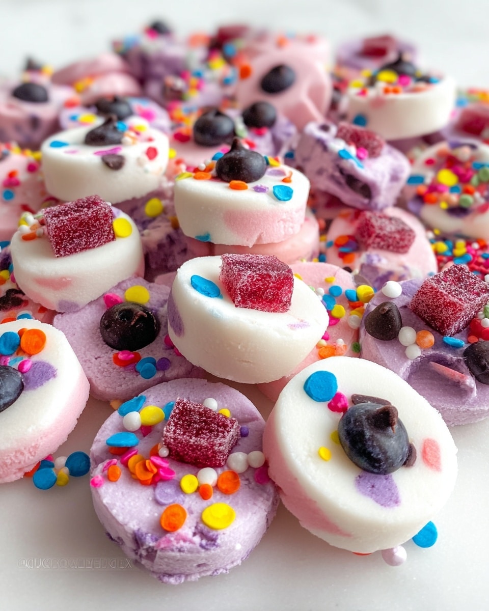 The image shows a mix of colorful, round candy pieces placed directly on a white marbled surface. There are several layers visible: some candies are white with smooth tops and covered in small, round, bright rainbow sprinkles; others are light pink, smooth, with shiny red jelly squares on top; a few are pale purple, slightly textured, with dark blueberries or black chocolate chips pressed into the center; some candies are light pink with small dark chocolate chips scattered on top. The candies are scattered and overlapping, creating a vibrant and playful mix. photo taken with an iphone --ar 4:5 --v 7