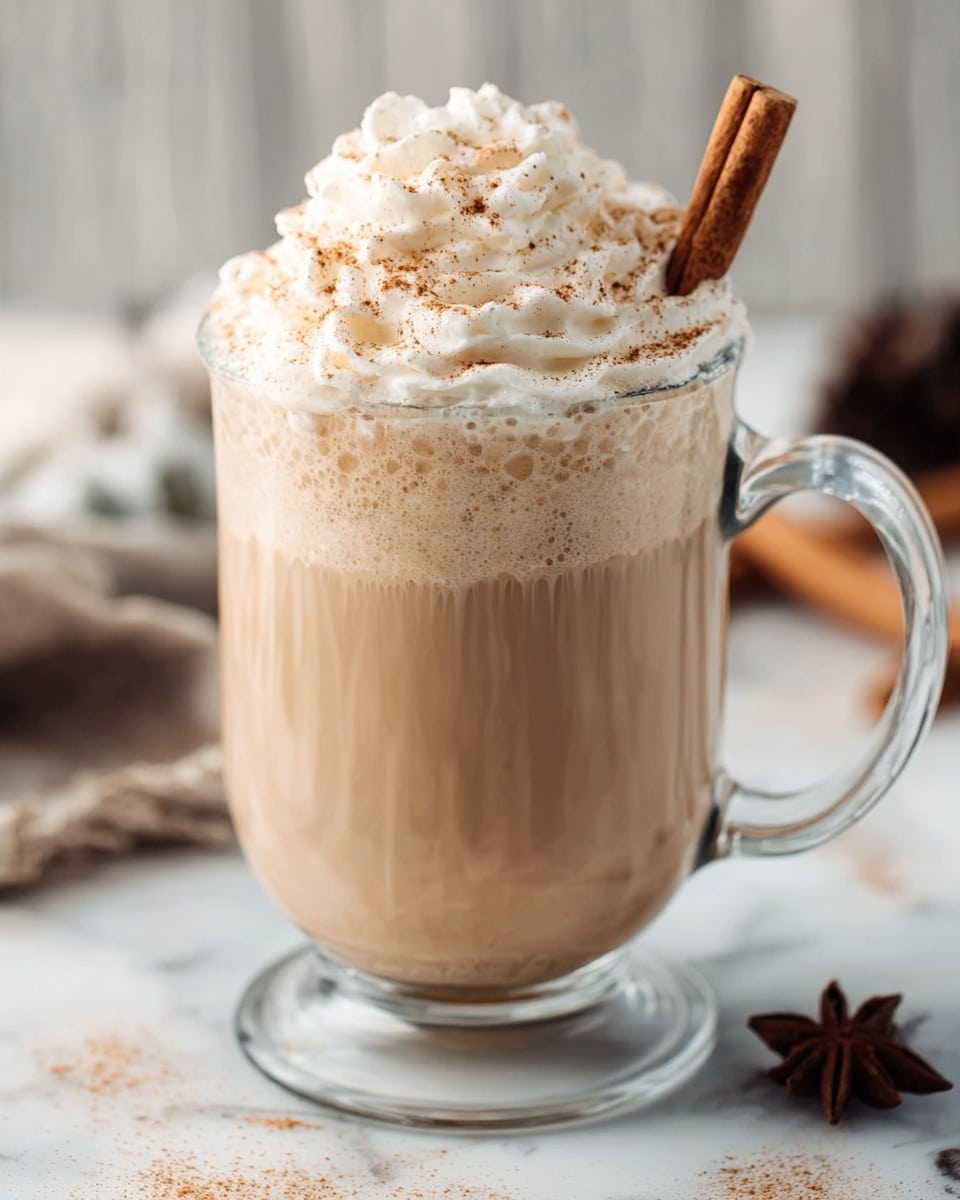 A clear glass mug filled with a light brown creamy drink, topped with a thick layer of whipped cream sprinkled with a fine dusting of cinnamon powder. A cinnamon stick is placed vertically on the right side of the whipped cream, partially stuck into it. The glass is set on a white marbled surface, with some blurred background elements that suggest a cozy setting. photo taken with an iphone --ar 4:5 --v 7