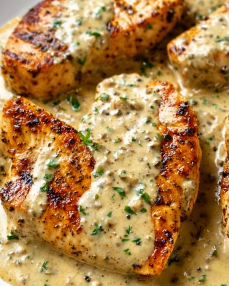 The image shows a close-up of grilled chicken breasts in a creamy beige sauce with herbs. The chicken pieces are golden brown with grill marks and black pepper sprinkled on top. The sauce is smooth and covers parts of the chicken, with small green herb bits scattered over the dish. The background is a white marbled texture. Photo taken with an iphone --ar 4:5 --v 7
