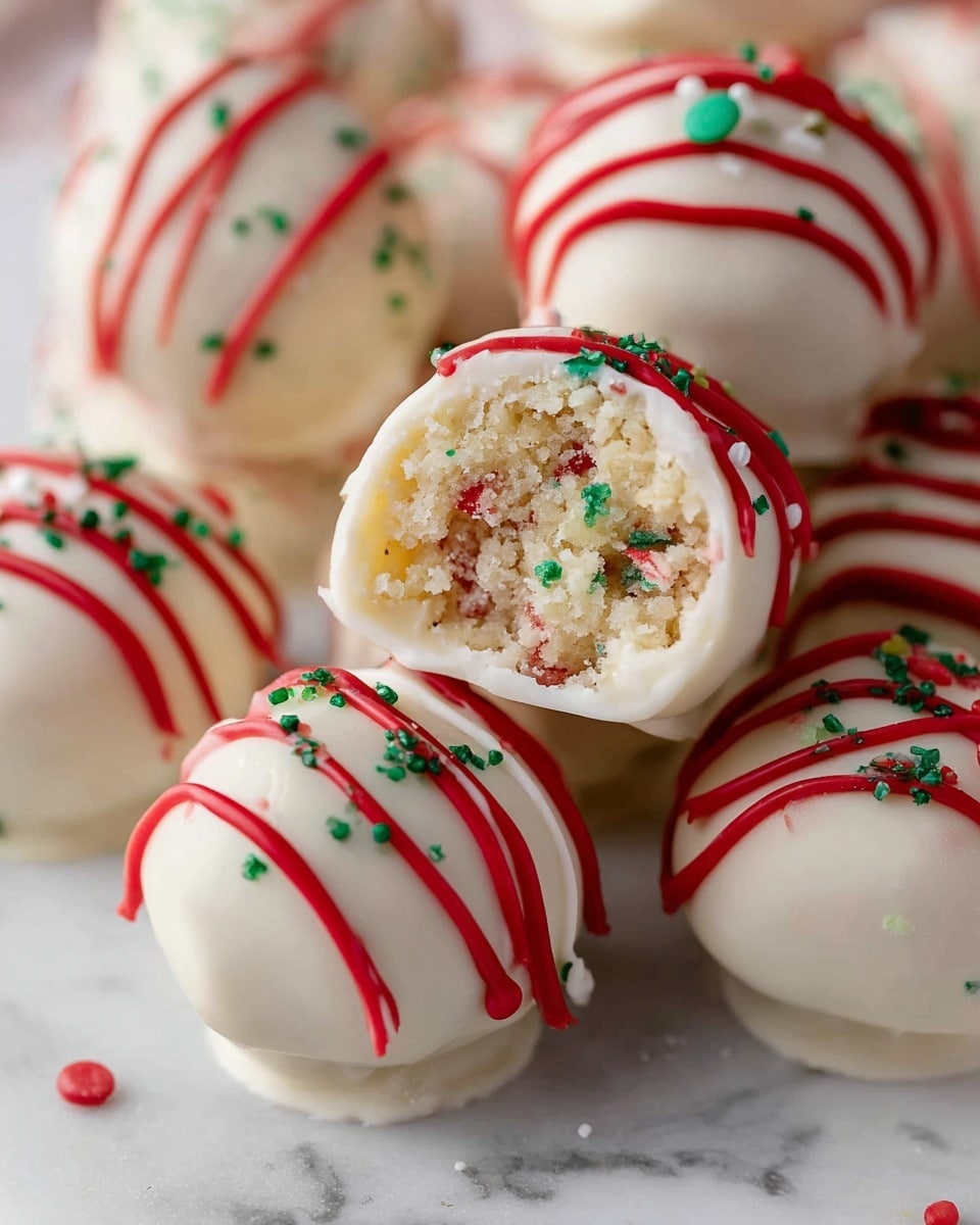 The image shows several white cake balls with smooth white coating, decorated with thin, bright red stripes and small green sprinkles on their surfaces. One cake ball is cut in half and placed on top, revealing a dense inside with a crumbly texture, containing tiny red, green, and white round and square bits mixed into a light beige cake base. The cake balls are arranged closely together on a white marbled surface. Photo taken with an iphone --ar 4:5 --v 7