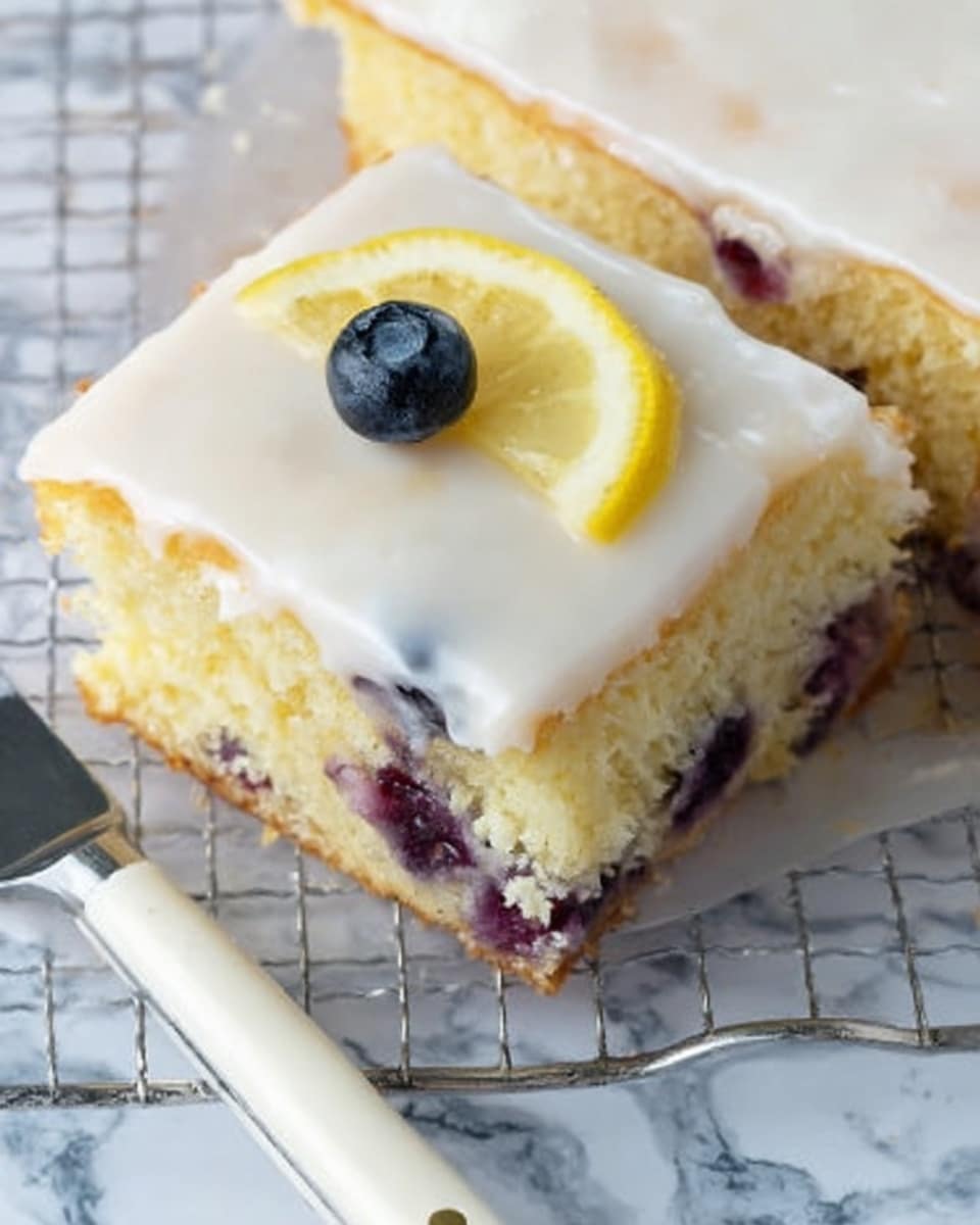 A square piece of cake with a shiny white icing layer on top sits on a white marbled surface with a metal cooling rack underneath. The cake has two clear layers: a light yellow base with small visible bits of berries inside, and a smooth white glaze covering the whole top. A small slice of lemon and a single blueberry are placed neatly on the icing near one corner. In the background, a white knife with some icing on its blade rests on the white marbled surface. Photo taken with an iphone --ar 4:5 --v 7
