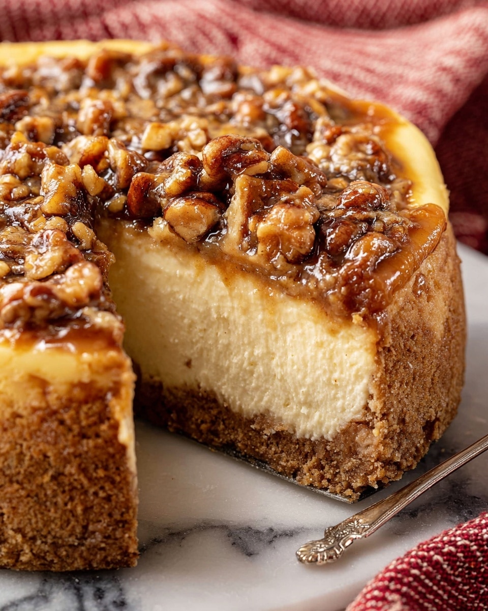 A close-up of a sliced cheesecake featuring three distinct layers: the bottom layer is a thick, crumbly golden-brown crust that wraps around the sides; the middle layer is a smooth, creamy pale yellow cheesecake filling; the top layer consists of a glossy, caramel-colored nut topping with chunks of pecans, adding a textured look. The cheesecake rests on a white marbled surface with a red and white cloth partially visible around it, and a silver serving utensil is placed near the cheesecake. photo taken with an iphone --ar 4:5 --v 7