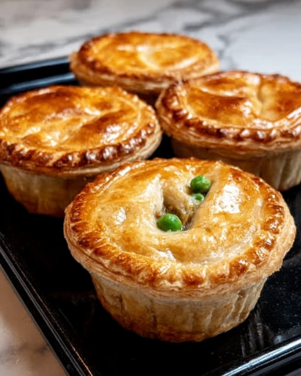 The image shows four small round pies with golden brown, flaky crusts, placed on a black tray. Each pie has a slightly raised top crust with light, crimped edges, and one pie in the front center has visible green peas and small bits peeking through a small opening in the top crust. The pies have a shiny, glazed finish that makes them look fresh and crisp. The black tray contrasts with the white marbled surface below, emphasizing the warm colors of the pies. photo taken with an iphone --ar 4:5 --v 7