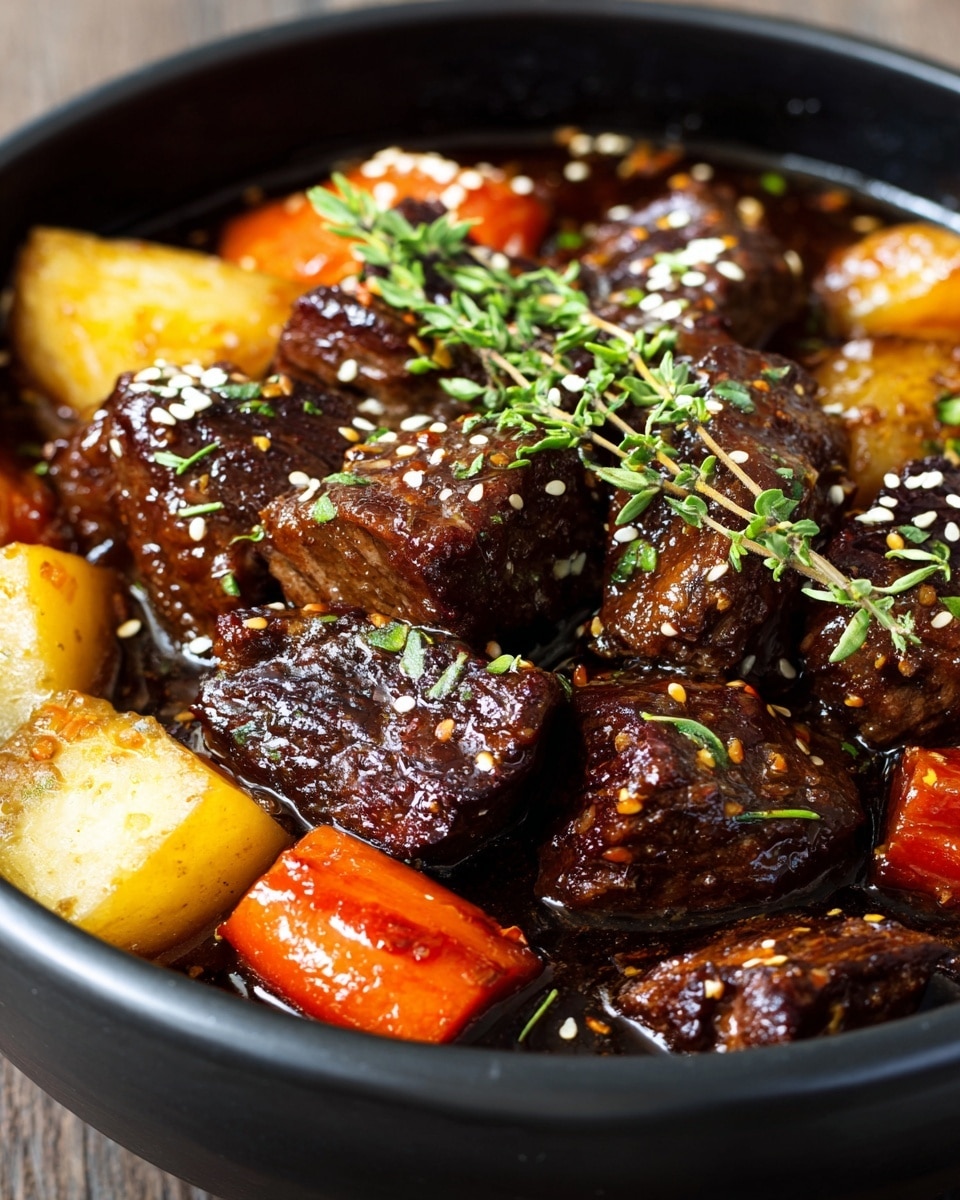 A close-up view of a bowl filled with several thick, dark brown chunks of beef covered in a shiny, rich sauce. Around the beef pieces, there are multiple layers of orange carrot slices, light yellow potato chunks, and some green herbs, mainly fresh thyme sprigs on one side and chopped chives sprinkled on top. The beef pieces show a tender and moist texture with some sesame seeds scattered over them. The bowl is white and the background is a white marbled texture. photo taken with an iphone --ar 4:5 --v 7