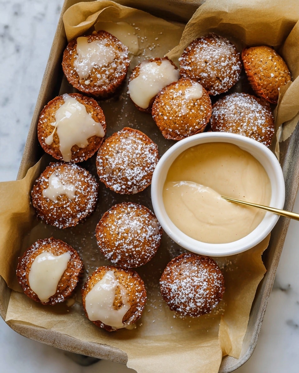 The image shows a tray lined with brown parchment paper filled with small, round, golden-brown muffins arranged closely together. Some muffins have a light beige glaze spread unevenly on top, while all are sprinkled with fine white powdered sugar. A small white bowl sits on the right side of the tray, holding more of the beige glaze, with a golden spoon next to it, partly covered in the glaze. The whole setup is on a white marbled surface. photo taken with an iphone --ar 4:5 --v 7