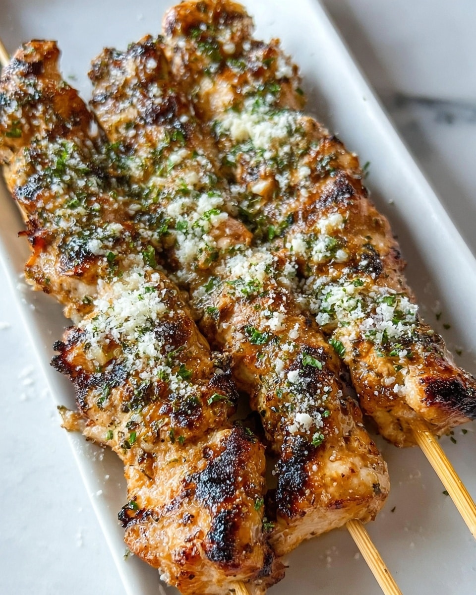 Four grilled chicken skewers with a golden-brown color and char marks are arranged closely on a simple white plate. Each skewer is topped with a sprinkle of finely chopped green herbs and grated cheese that adds light texture and contrast to the chicken’s surface. The wooden skewers peek out from beneath the chicken pieces, all placed over a white marbled textured surface. The photo is sharp and brightly lit, showing the crisp edges and juicy, well-seasoned meat. Photo taken with an iphone --ar 4:5 --v 7