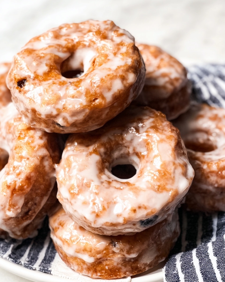 The image shows a close-up of a stack of glazed donuts with a rough texture and shiny white icing covering the uneven, golden-brown surface. The donuts have a thick, irregular glaze that pools slightly in some areas, adding to the glossy effect. They are arranged on a white plate lined with a black and white striped cloth, all set on a white marbled background. The donuts are layered closely together, showing their round shape with a hole in the center, and each donut's surface has small bumps and cracks that catch the light. photo taken with an iphone --ar 4:5 --v 7