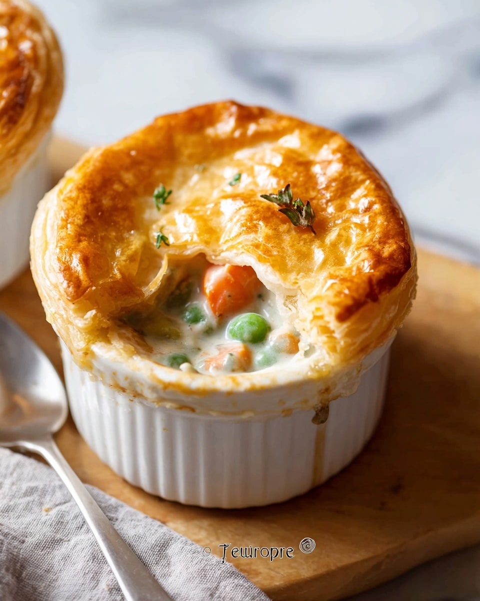 The image shows a small white ramekin filled with a creamy vegetable pot pie. The pie has one golden-brown, flaky puff pastry layer on top with a slightly glossy, crisp texture. A section of the pastry is cut open, revealing a thick, white creamy filling with visible chunks of orange carrots, green peas, and green beans inside. The ramekin sits on a wooden surface with a silver spoon and a light gray cloth nearby, while the background has a soft-focus, white marbled texture. photo taken with an iphone --ar 4:5 --v 7