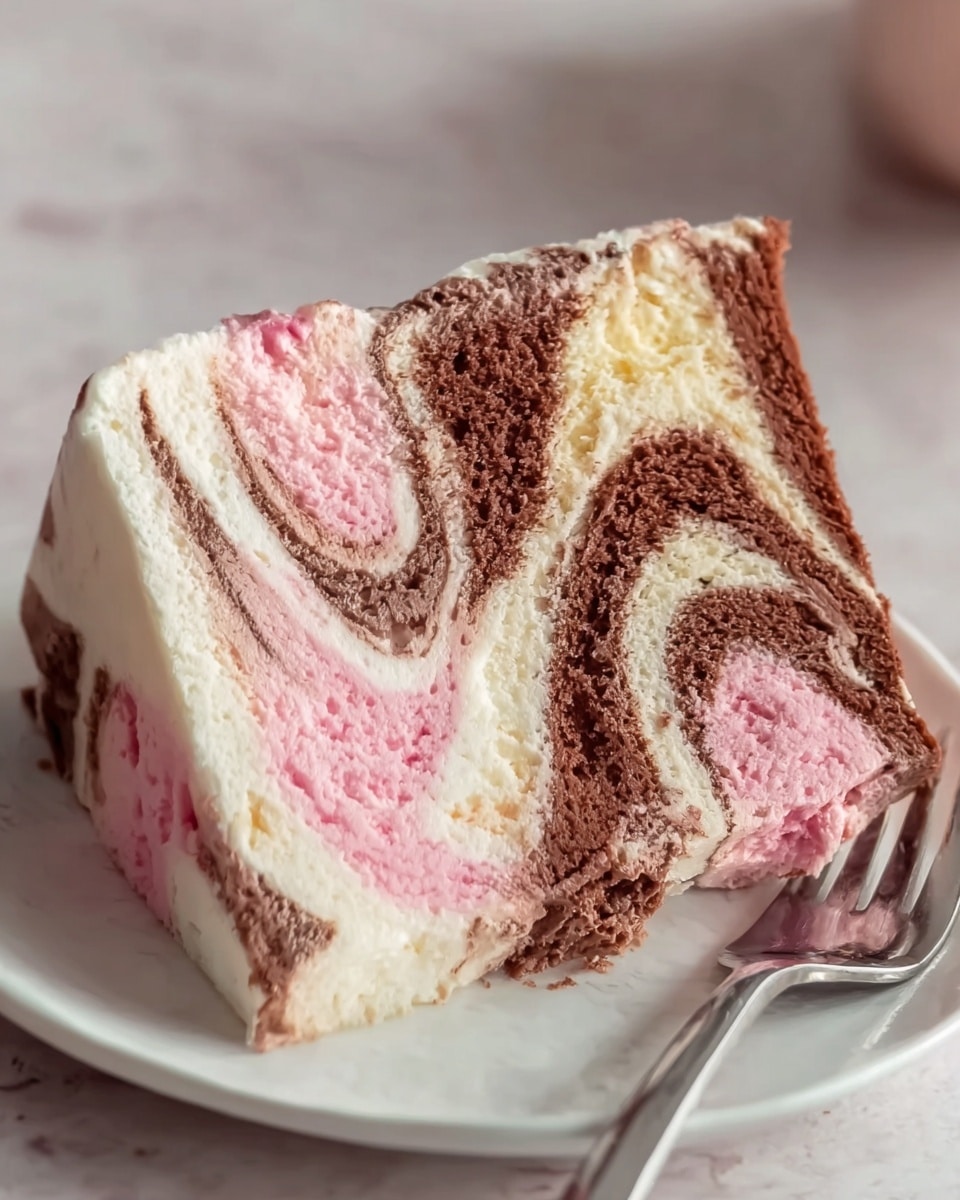 A slice of marbled ice cream cake with three visible layers swirled together in a mix of creamy white, soft pink, and rich chocolate brown colors. The texture looks smooth and slightly airy, with the chocolate and pink areas blending softly into the white. The slice sits on a white plate that rests on a white marbled surface. A silver fork lies beside the plate, adding a simple touch. The overall look is fresh and inviting with gentle curves in the swirls. Photo taken with an iphone --ar 4:5 --v 7