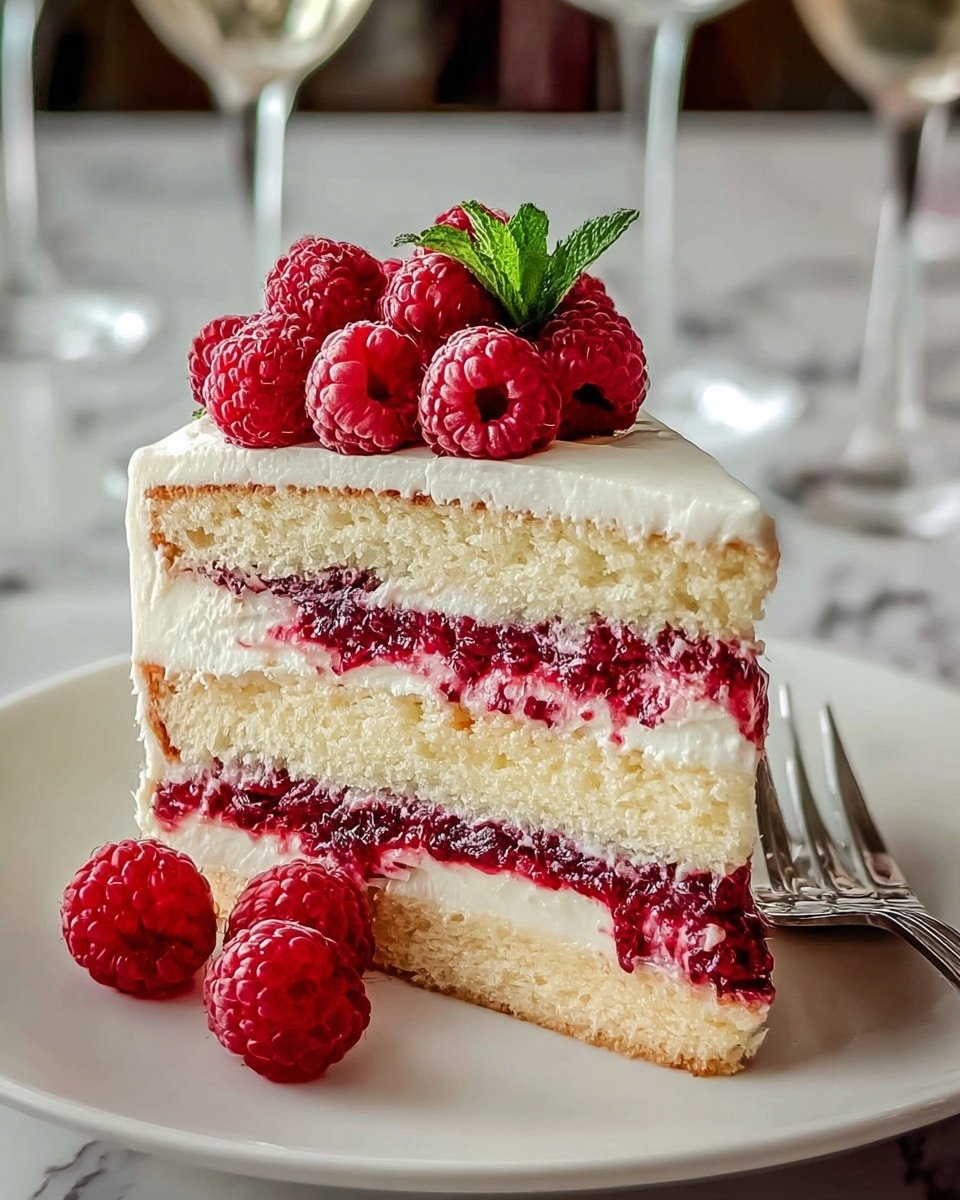A slice of layered cake on a white plate shows four layers of sponge cake alternating with three layers of white cream and bright red raspberry filling. The top is covered with smooth white frosting and decorated with a pile of fresh red raspberries and a small green mint leaf. Three fresh raspberries rest beside the cake on the plate, and a silver fork lies to the right. The background is softly blurred with wine glasses visible, and the surface has a white marbled texture. photo taken with an iphone --ar 4:5 --v 7