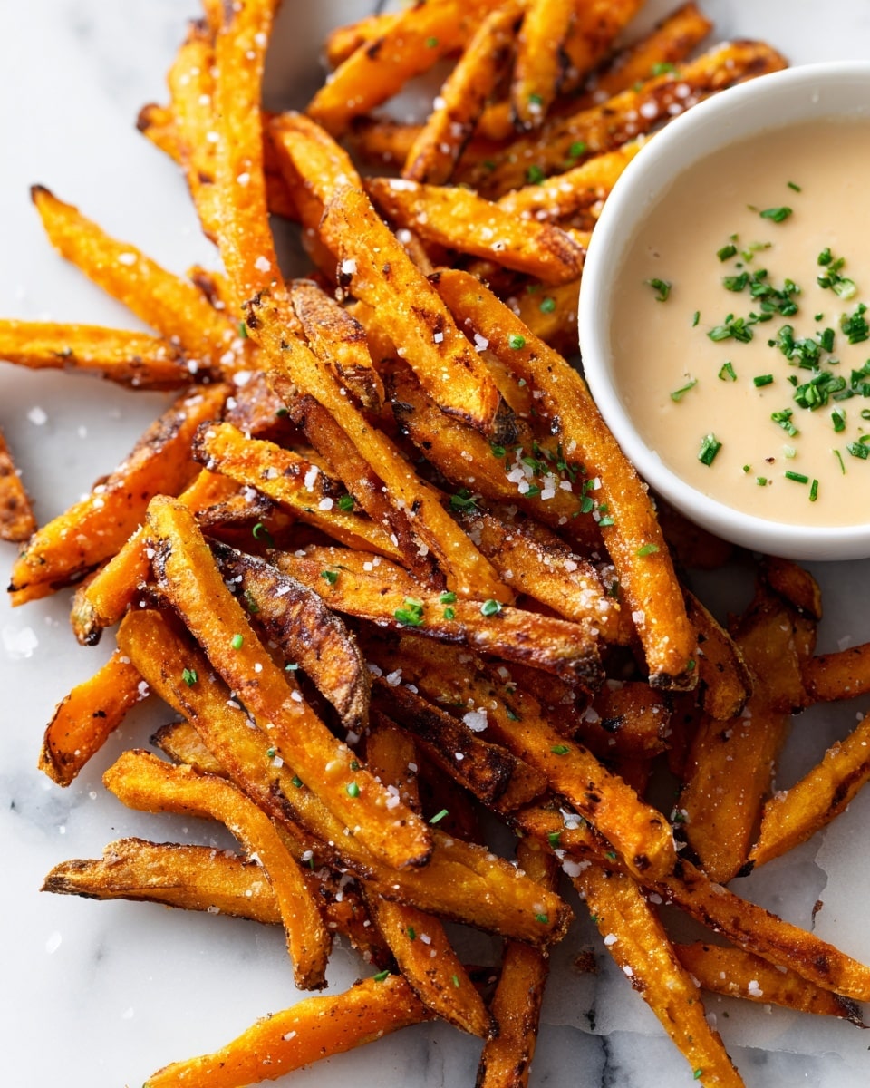 A close-up view of a pile of crispy baked fries with a bright orange color, each fry showing a rough, crunchy texture with some charred edges. The fries are sprinkled with coarse salt and small green herb bits scattered unevenly over the top. In the upper right corner, there is a small white bowl filled with a creamy, light beige dipping sauce topped with chopped green herbs. All is set on a white marbled surface. Photo taken with an iphone --ar 4:5 --v 7