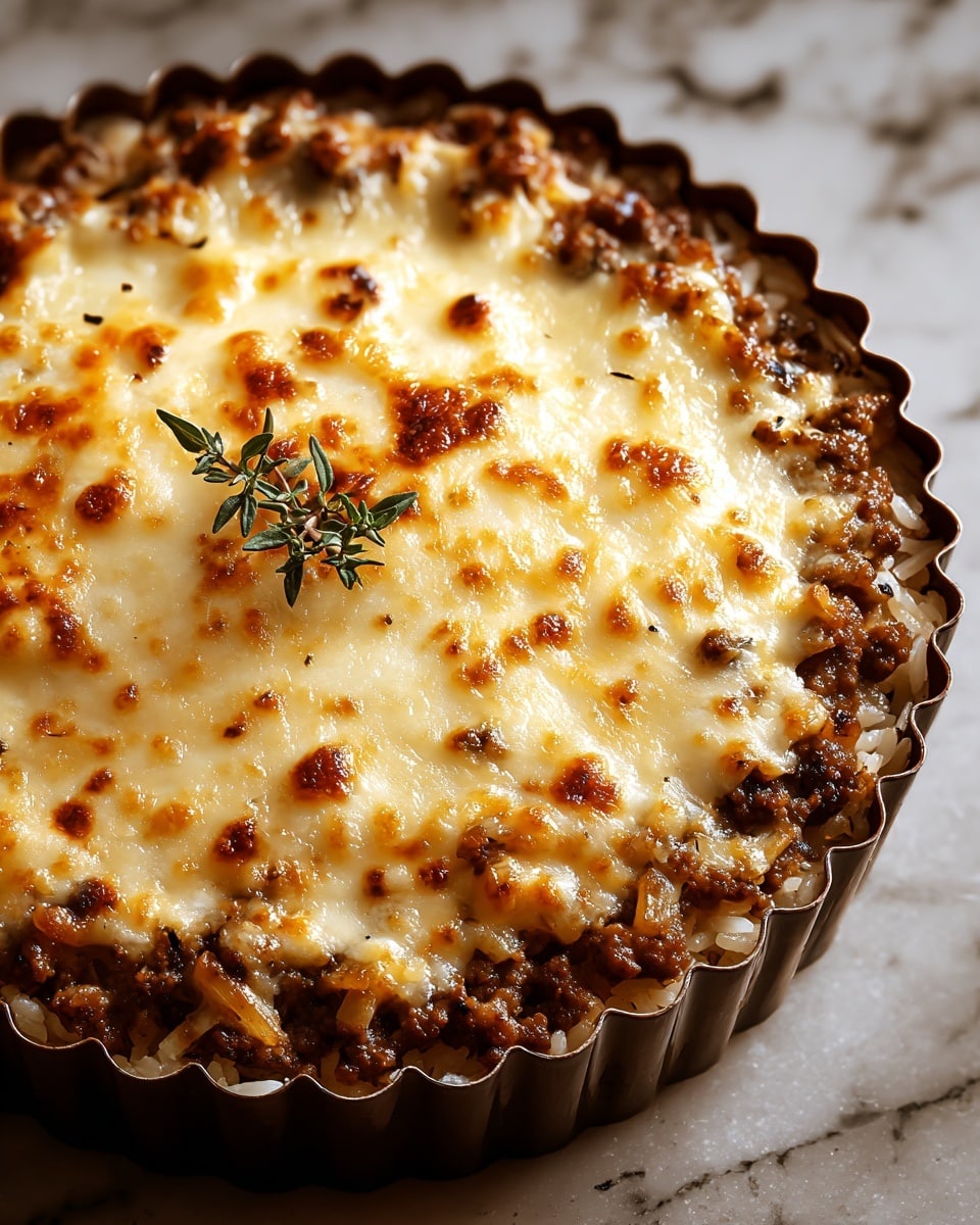 A baked dish in a scalloped dark brown tart pan sits on a white marbled surface. The dish has three visible layers starting with a bottom layer of cooked, fluffy white rice, followed by a middle layer of brown ground meat mixed with small bits of onion, and topped with a melted, golden-brown cheese layer which is bubbly with browned spots. A small sprig of fresh thyme with dark green leaves is placed in the center, adding a touch of color and garnish. The cheese layer has a glossy texture with some lightly toasted edges. Photo taken with an iphone --ar 4:5 --v 7