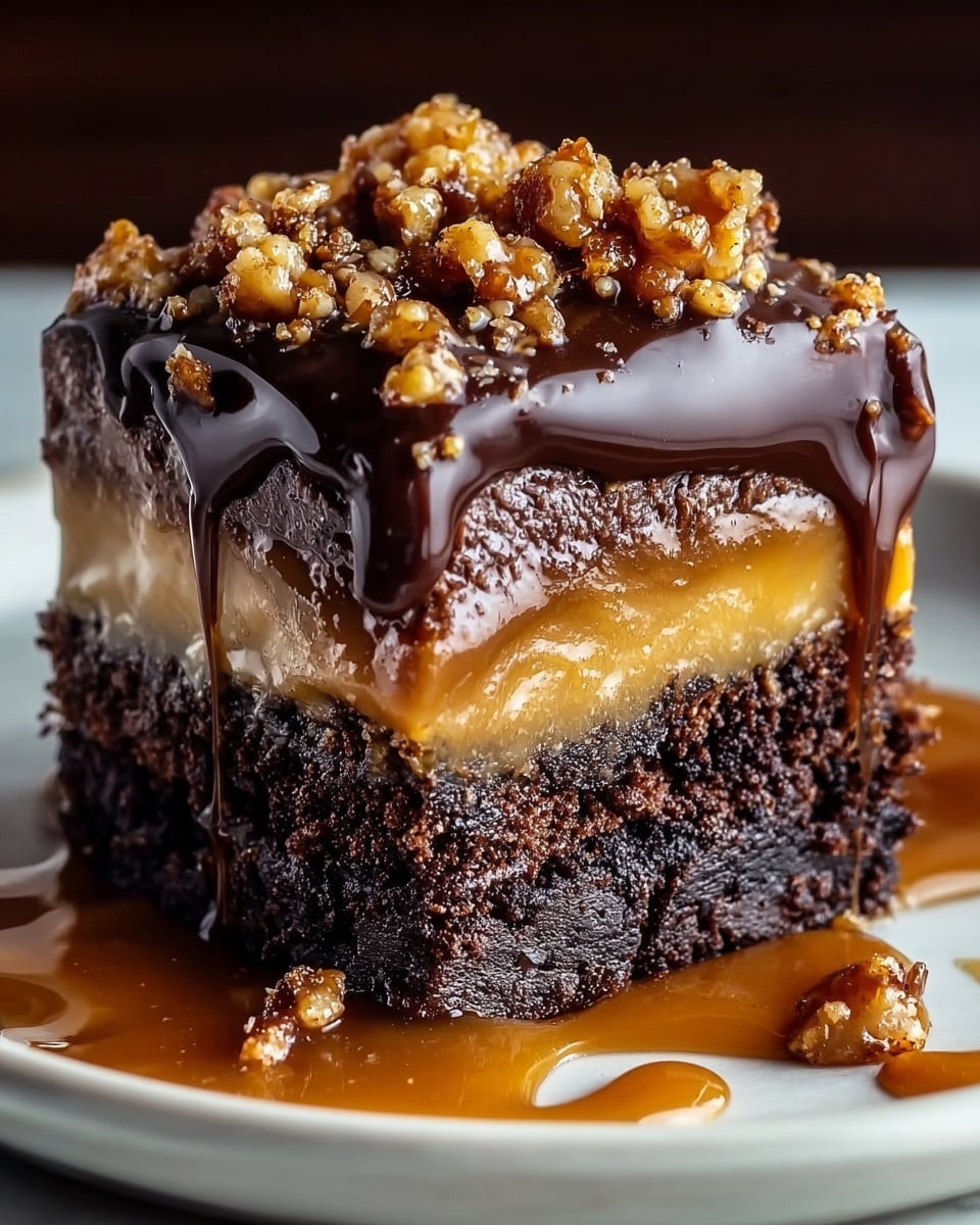 A close-up of a three-layer dessert on a white plate with caramel sauce spread underneath it. The bottom layer is dense and dark brown, with a crumbly texture. The middle layer is gooey and light brown, appearing sticky and smooth. The top layer consists of thick, glossy dark chocolate frosting covering the entire surface and edges, topped with small crunchy caramel popcorn pieces scattered unevenly. The dessert looks rich and moist, with the caramel sauce slightly pooling around the base. The background shows a white marbled texture. photo taken with an iphone --ar 4:5 --v 7