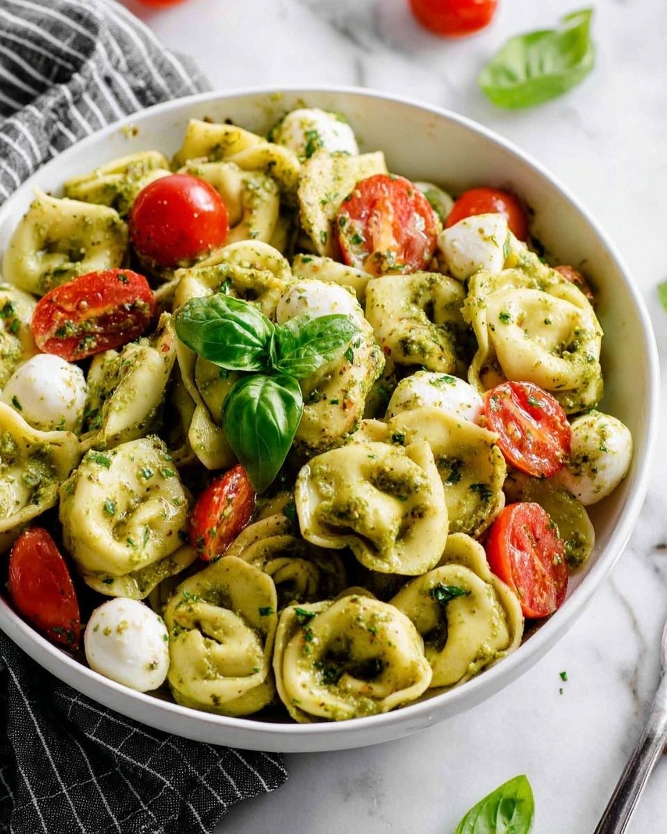 A white bowl is filled with three layers of tortellini pasta coated in green pesto sauce, mixed with red cherry tomato halves and small white mozzarella balls, with a fresh green basil leaf placed on top in the center. The tortellini have a soft, slightly wrinkled texture, and the sauce looks creamy with bits of herbs. The bowl is set on a white marbled surface with a black and white striped cloth partially visible on the left side. There are a few small basil leaves scattered nearby. Photo taken with an iphone --ar 4:5 --v 7