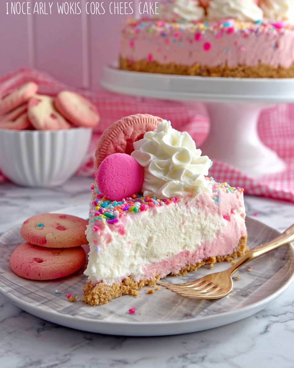 A slice of no-bake cheesecake sits on a white plate with a marbled texture, showing three main layers: a crumbly pink cookie crust at the bottom, a thick and creamy light beige cheesecake filling in the middle, and a smooth, pale pink frosting on top covered with small colorful round sprinkles. A dollop of white whipped cream topped with a pink, circus animal-shaped cookie adorned with sprinkles sits on the top center. Two more pink animal cookies with sprinkles rest by the side of the cheesecake slice on the plate. In the background, soft white bowls and plates are stacked and a white cake stand holds more pink cookies against a white marbled surface and a pink backdrop. A woman's hand touches the edge of the plate next to a gold fork. Photo taken with an iphone --ar 4:5 --v 7
