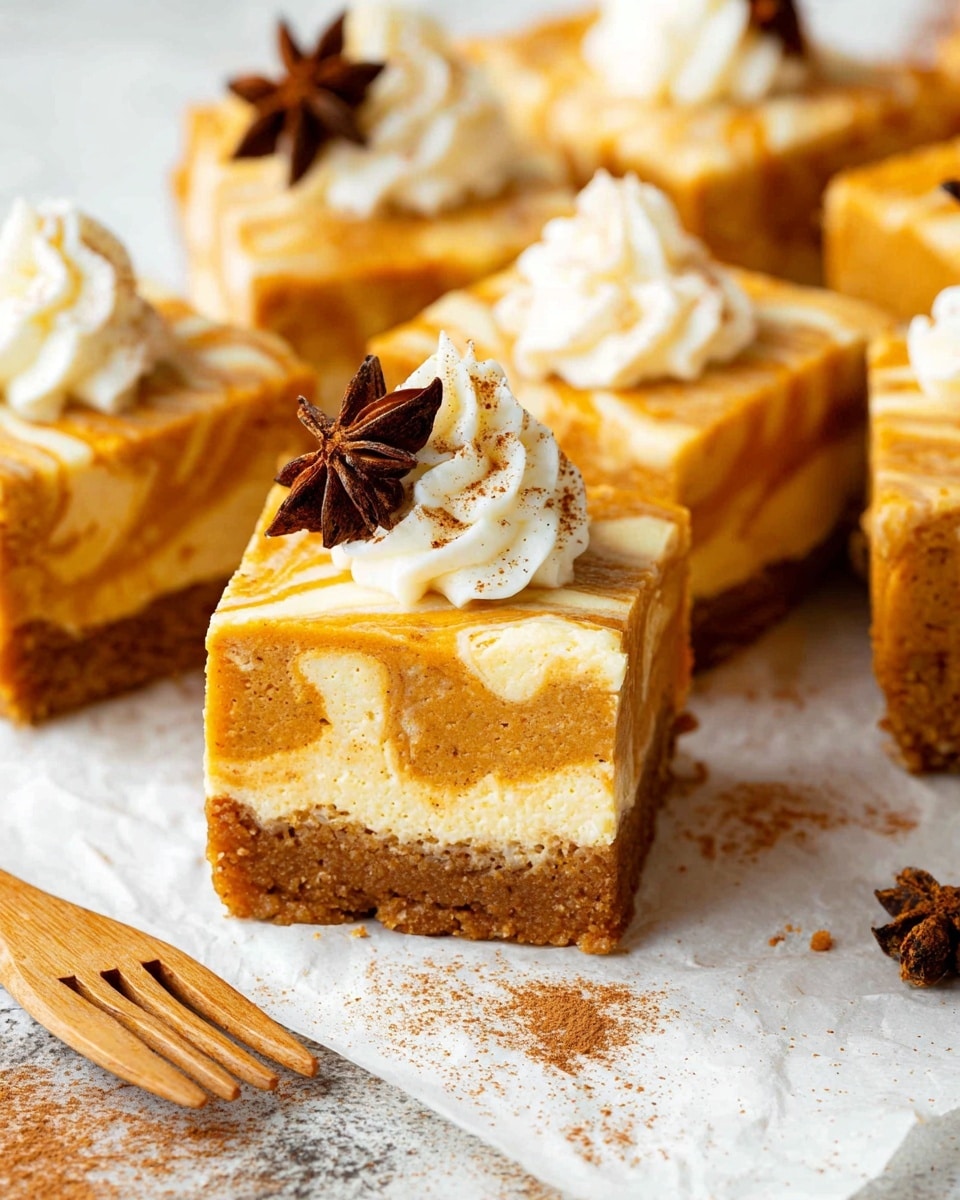 The image shows pieces of pumpkin cheesecake bars with three visible layers. The bottom layer is a dense, crumbly crust in a warm brown color. The middle and top layers have a smooth, creamy texture and blend swirls of pale orange pumpkin and light cream cheese colors. Each piece is topped with a small swirl of white whipped cream and a dark brown star anise spice. The bars are set on white parchment paper on a white marbled surface. In the lower corner, there is a wooden fork and some scattered brown powdered spice with a star anise nearby. Photo taken with an iphone --ar 4:5 --v 7