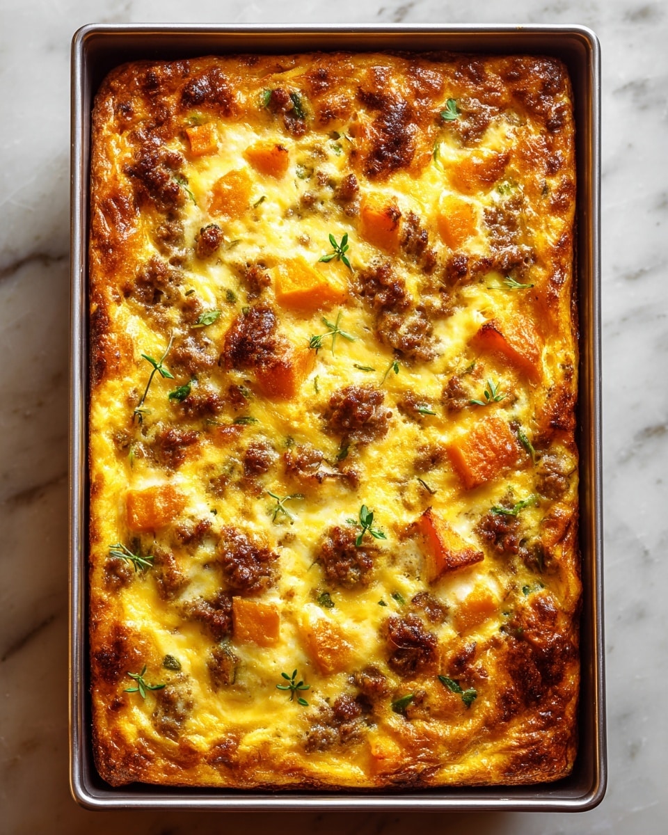 A rectangular metal baking dish holds a golden-brown baked casserole with a slightly crisp top layer. The surface shows pieces of bright orange butternut squash, browned ground meat, and scattered green herbs or vegetables embedded in a creamy, yellow egg mixture. The texture looks soft with some browned, caramelized spots, and small green herb sprigs are sprinkled on top. The dish is set against a white marbled texture. photo taken with an iphone --ar 4:5 --v 7