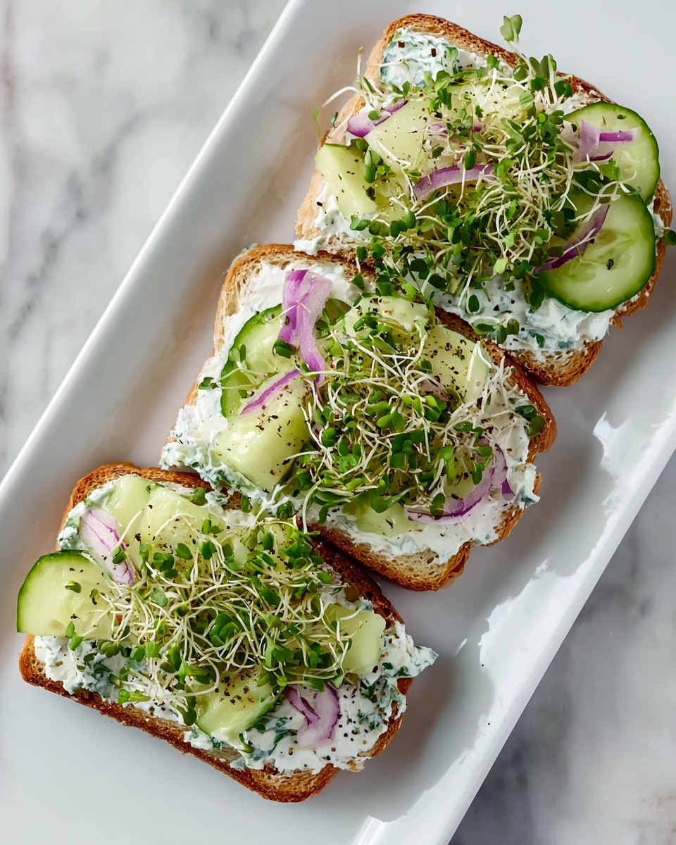 Three slices of brown toast bread are arranged on a white rectangular plate, each topped with a thick spread of white cream cheese mixed with green herbs. On top of the cream cheese, there are fresh light green cucumber slices and thin, curved slices of purple onion. Delicate green sprouts are scattered generously over each toast, adding texture and color. The toast edges are golden brown and slightly crispy, contrasting with the soft toppings. The plate rests on a white marbled surface with a cream-colored textured cloth near the top edge. Photo taken with an iphone --ar 4:5 --v 7