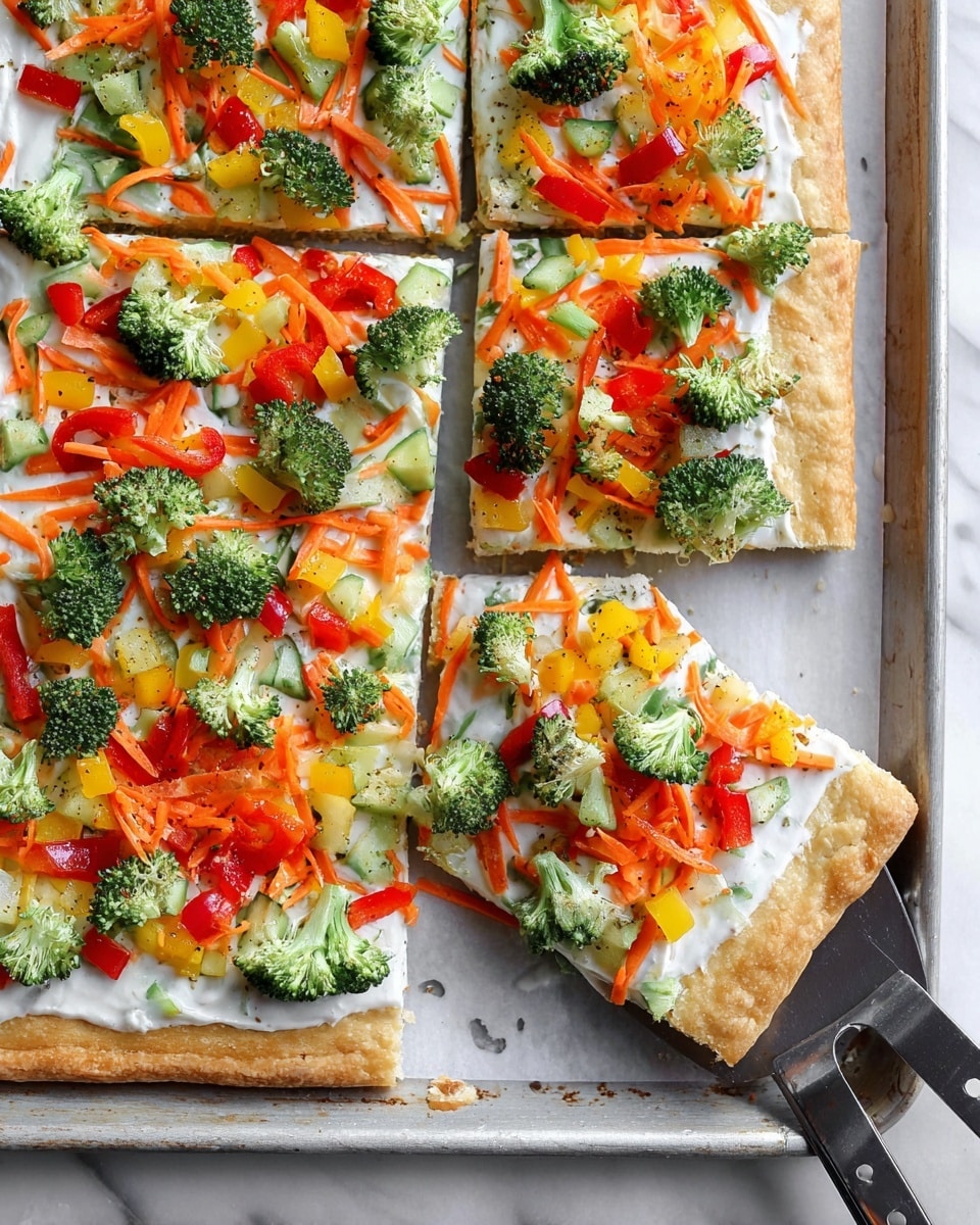 A square vegetable pizza bar on a white marbled surface with a golden-brown crust base as the first layer, topped evenly with a creamy white sauce as the second layer. The top layer is a colorful mix of fresh vegetables including small green broccoli florets, thin orange shredded carrots, and diced red, yellow, and green bell peppers scattered richly across the surface. Three rectangular slices are cut and partially separated on the tray, with a metal spatula placed next to one slice. The textures of the crust look crisp while the vegetables appear fresh and crunchy, creating a vibrant and healthy look. Photo taken with an iphone --ar 4:5 --v 7