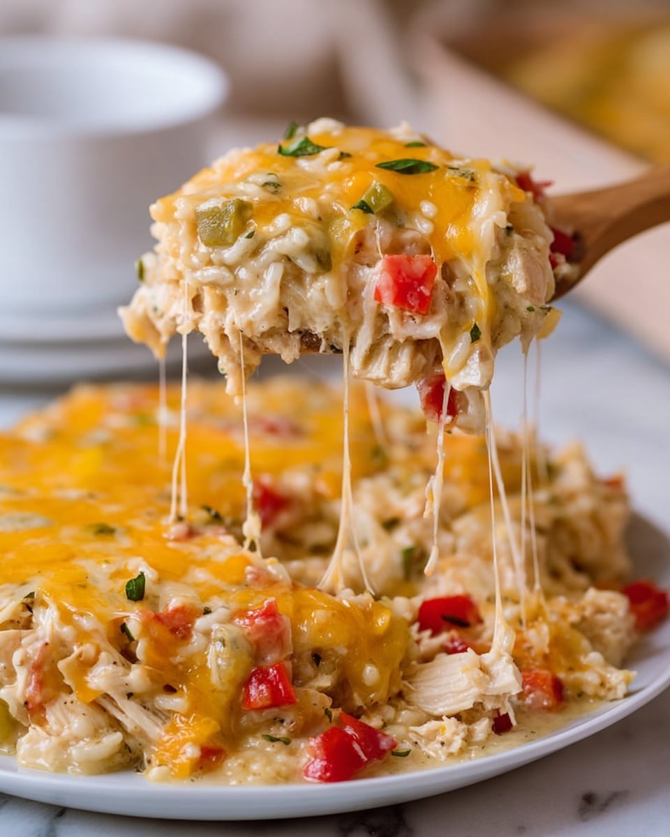 This image shows a close-up of a scoop of cheesy rice casserole being lifted from a white dish with a wooden spoon. The casserole has three visible layers: the bottom layer is a light brown shredded meat mixed with rice, the middle layer includes chunks of red and green vegetables, and the top layer is melted yellow and white cheese that stretches in long strings as it is lifted. The background has a blurred view of a white plate with more casserole sitting on a white marbled surface. Photo taken with an iphone --ar 4:5 --v 7