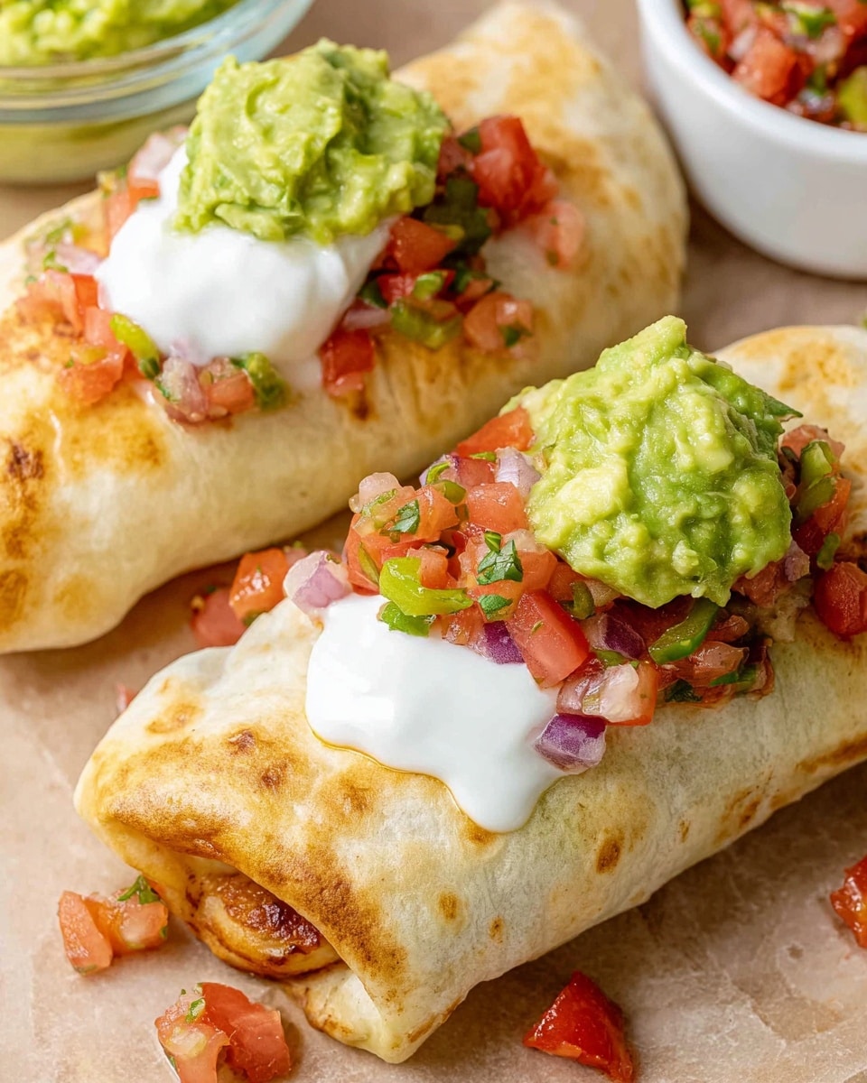 The image shows three folded burritos made with light brown tortillas, each topped with three distinct layers: a chunky green guacamole layer on the right side, a colorful mix of red tomatoes, purple onions, and green herbs in the middle, and a smooth white sour cream layer on the left side. The burritos rest on a light brown parchment-like paper placed on a white marbled surface, with some diced tomatoes and onions scattered around. There is also a small white bowl filled with pico de gallo in the background and part of a clear bowl with guacamole visible in the bottom left corner. Photo taken with an iphone --ar 4:5 --v 7