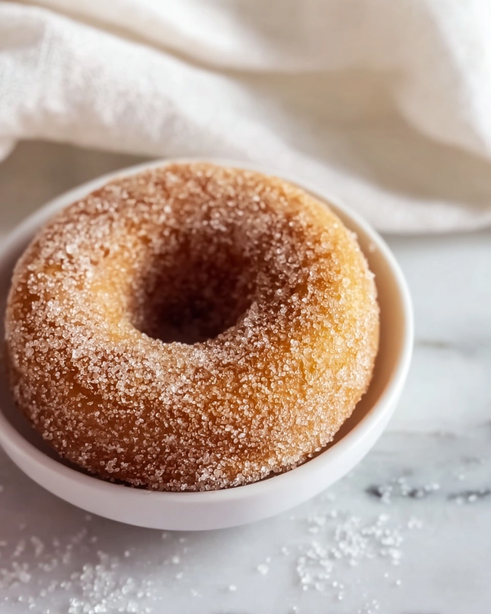 A single golden-brown donut covered fully in coarse sugar crystals sits inside a white bowl, with more sugar crystals scattered on a white marbled surface below. The donut has one thick layer of sugar coating that shimmers under soft light, showing its granulated texture on every part of the donut, including the sides and the top. The white bowl creates a simple contrast with the warm color of the donut, and the background is softly blurred out with a white cloth visible behind, enhancing the focus on the donut. Photo taken with an iphone --ar 4:5 --v 7