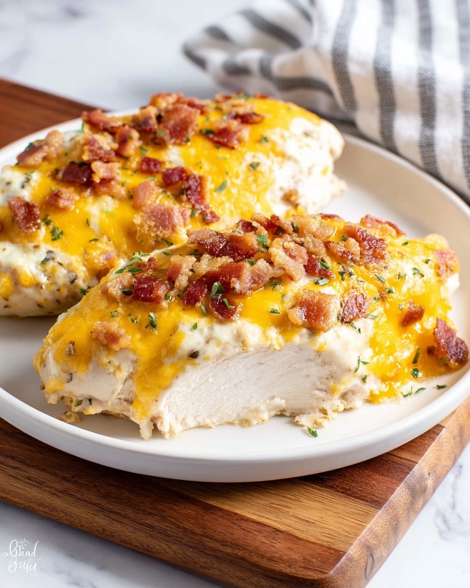Two pieces of cooked chicken breasts lay side by side on a white plate. Each piece is covered with a creamy white sauce layer that is topped with a bright yellow melted cheddar cheese layer. Small crispy brown bacon bits are scattered over the cheese. The plate sits on a wooden board, with a white and gray striped cloth napkin to the side on a white marbled surface. photo taken with an iphone --ar 4:5 --v 7