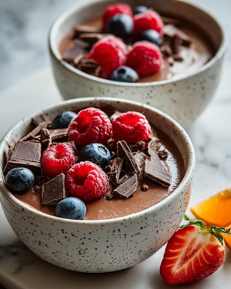 Two bowls of smooth chocolate mousse are shown on a white marbled surface. Each bowl is white with dark speckles and filled with three layers: the base is glossy, rich brown chocolate mousse, topped with scattered chunks of dark chocolate that vary in size and texture. Fresh red raspberries and a few small round blue blueberries are placed on the mousse, adding bright color and fresh texture on top. In the foreground, extra raspberries and an orange strawberry slice lie on the white marbled surface near the bowls. The lighting is soft and natural, highlighting the mousse's creamy texture and the fruit's freshness. photo taken with an iphone --ar 4:5 --v 7