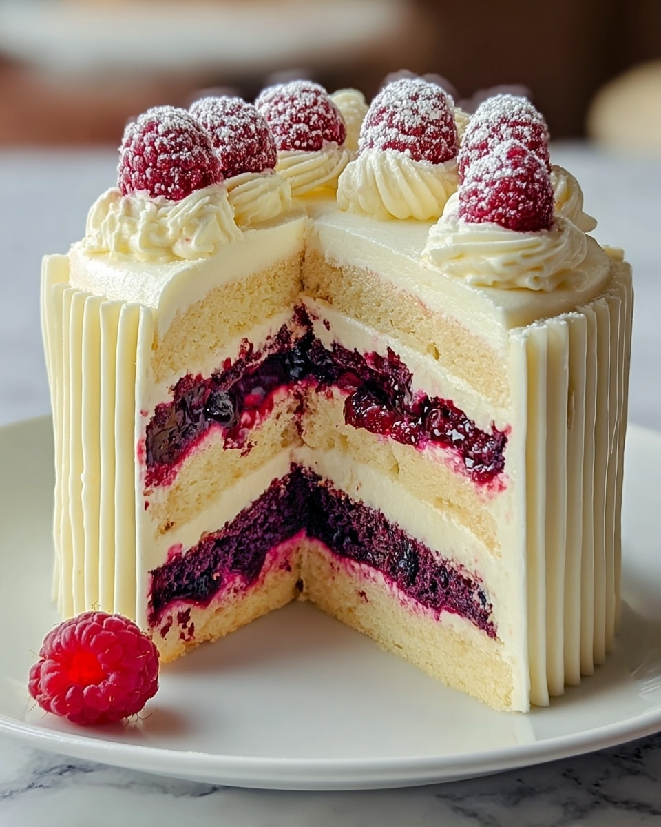 This is a multi-layered cake slice on a white plate, set on a white marbled surface. The cake has four layers, starting with a dark purple berry cake at the bottom, followed by a light cream layer, a light yellow sponge cake layer, then a thick dark purple berry jam layer with visible berry pieces, and topped with another light yellow sponge cake layer. The outside is covered with smooth white cream frosting that has vertical textured lines on the side. On top, there are whole red raspberries dusted lightly with powdered sugar and small white cream swirls around them. A single raspberry rests on the plate in front of the cake. Photo taken with an iphone --ar 4:5 --v 7