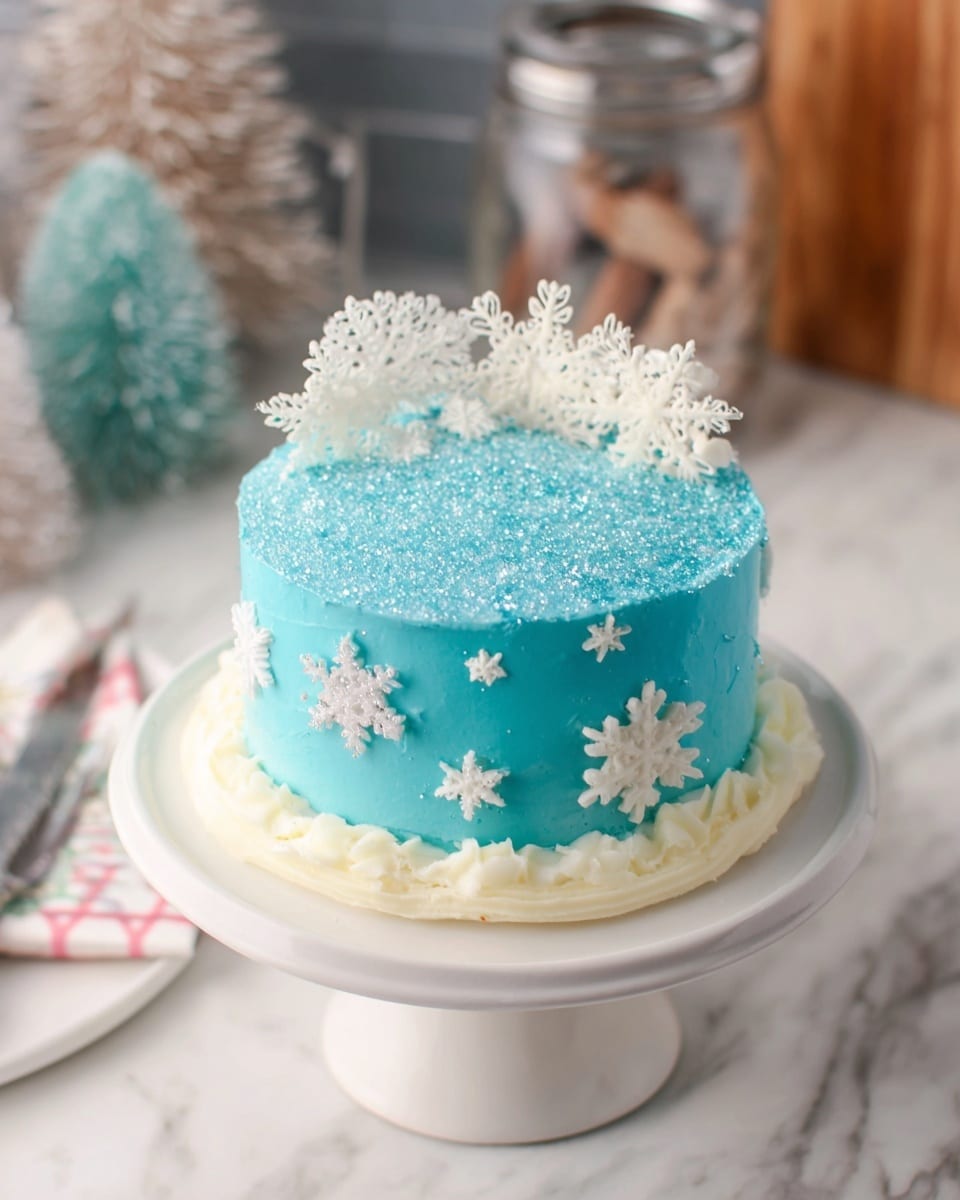 A three-layer cake sits on a white glass cake stand with a scalloped edge. The cake has three smooth frosting layers: the bottom layer is pale cream, the middle layer is light turquoise, and the top layer is bright turquoise blue. White sugar snowflakes are placed around the sides and on top, with some larger snowflakes on the side and a few delicate ones on the top edge. The top of the cake is sprinkled with fine white sugar to mimic snow. The background shows a white marbled surface with a blurred kitchen scene. photo taken with an iphone --ar 4:5 --v 7