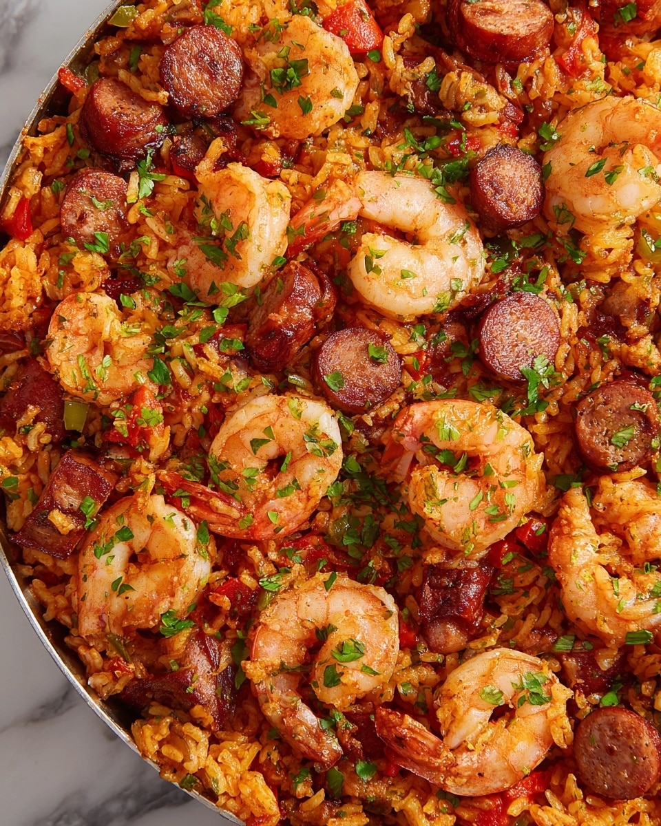 The image shows a close-up of a mixed dish with three main layers: a base layer of orange-red rice with visible grains and bits of red and green vegetables, a middle layer of cooked shrimp that are pink with slightly curled tails scattered evenly, and a top layer of browned sliced sausage pieces that add a rich brown color. The whole dish is sprinkled with chopped green herbs, adding a fresh touch. The textures show juicy shrimp, tender rice, and crisp sausage, all mixed together creating a colorful and hearty look on a white marbled background. photo taken with an iphone --ar 4:5 --v 7