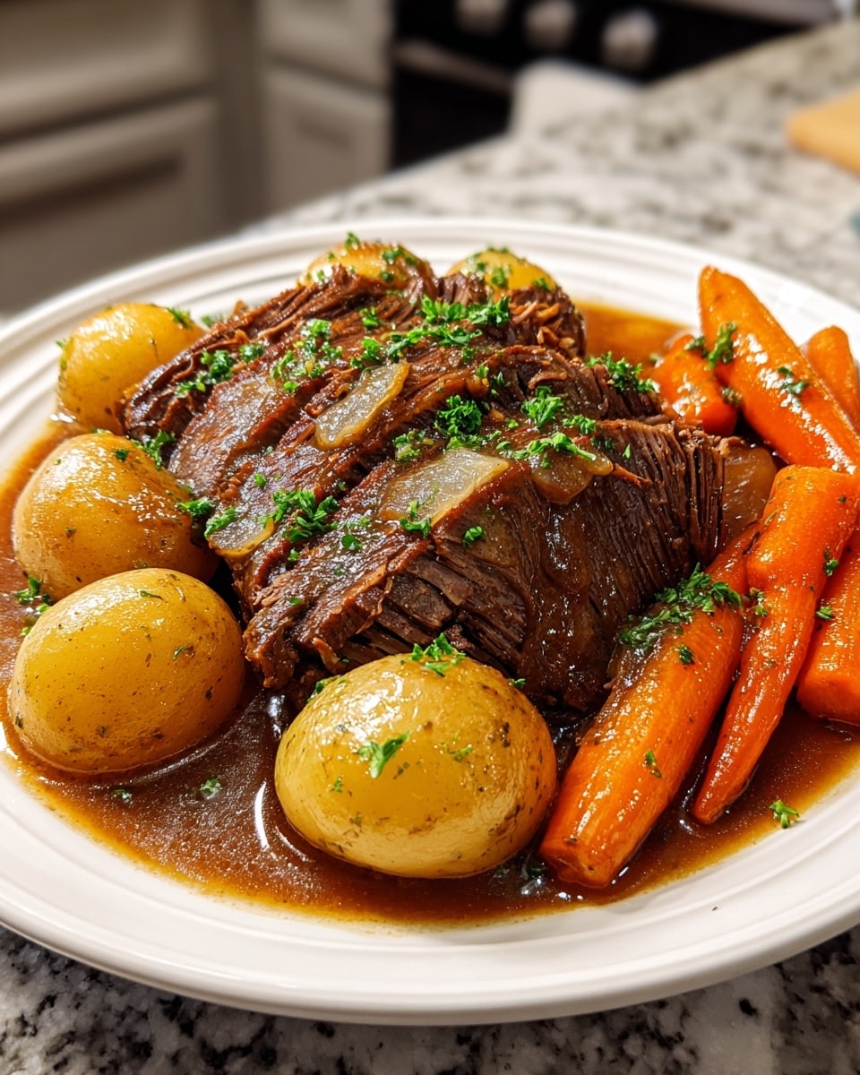 A white plate holds a thick slice of dark brown, tender pot roast at the center, covered with a rich, glossy brown gravy and sprinkled with finely chopped green parsley. Surrounding the meat are several whole small potatoes with a light golden skin and some whole bright orange carrots, all coated in the same shiny gravy. The plate sits on a white marbled surface with a softly blurred kitchen background. photo taken with an iphone --ar 4:5 --v 7