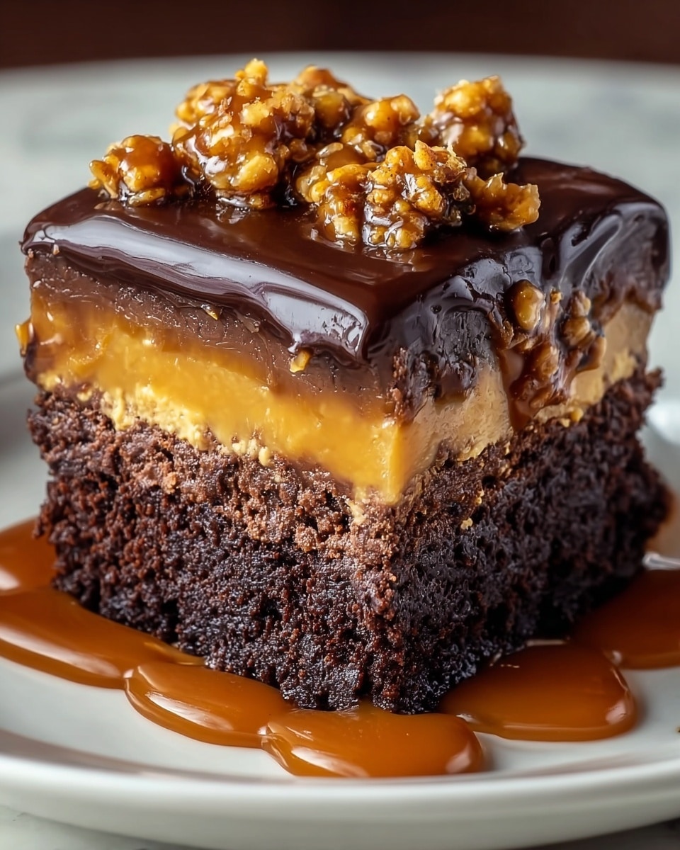 A close-up of a three-layer dessert square on a white plate with a white marbled texture beneath. The bottom layer is dark brown, textured, and crumbly like moist chocolate cake. The middle layer is thick and golden caramel, slightly gooey and shiny. The top layer is a smooth, glossy dark chocolate ganache that slightly drips down the side. On top of the ganache are small clusters of crunchy, golden caramelized nuts. Around the base of the dessert, rich caramel sauce spreads out on the plate. Photo taken with an iphone --ar 4:5 --v 7