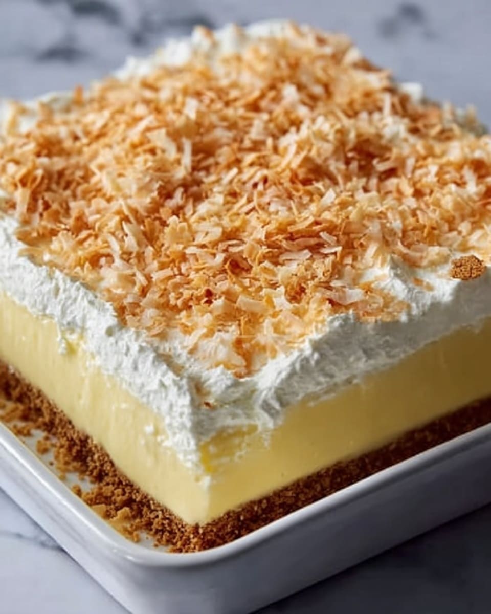 The image shows a dessert with three distinct layers in a square white dish on a white marbled surface. The bottom layer is a thick, crumbly brown crust. Above it is a smooth, pale yellow custard-like layer that is firm and creamy. The top layer is a soft, fluffy white cream spread evenly, covered with light golden toasted coconut flakes that add texture and color contrast. Photo taken with an iphone --ar 4:5 --v 7