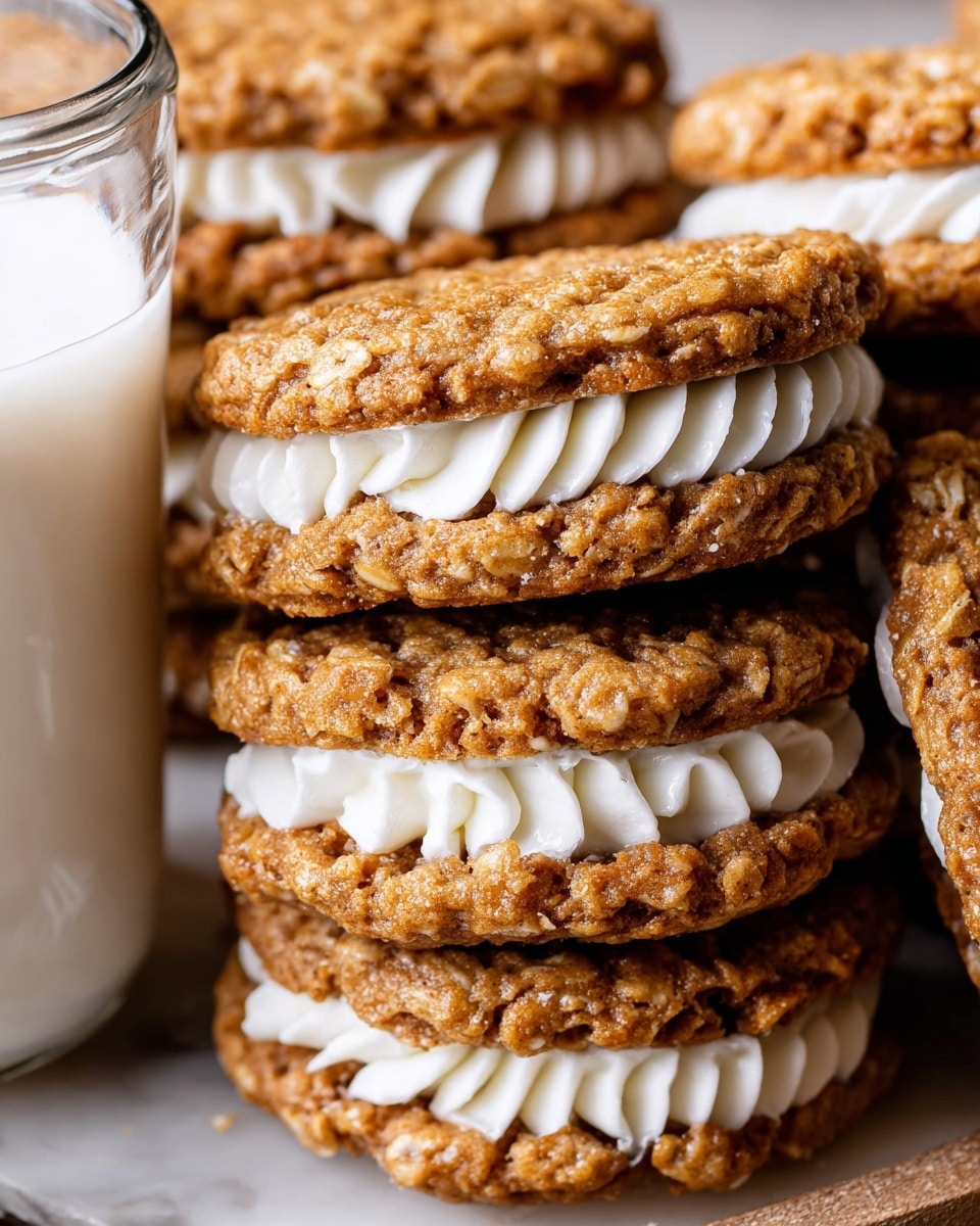 The image shows a close-up of multiple oatmeal cream sandwich cookies stacked closely together. Each sandwich has two rough-textured, golden-brown oatmeal cookie layers that are slightly uneven and crisp on the edges. Between the cookies, there is a thick, smooth white cream filling that is piped in a wavy pattern, peeking out from the sides. The cookies are placed on a white marbled surface with a clear glass of milk visible on the left side. The colors contrast between the warm, rustic brown of the cookies and the clean white cream and milk, giving a fresh, homemade feel. photo taken with an iphone --ar 4:5 --v 7