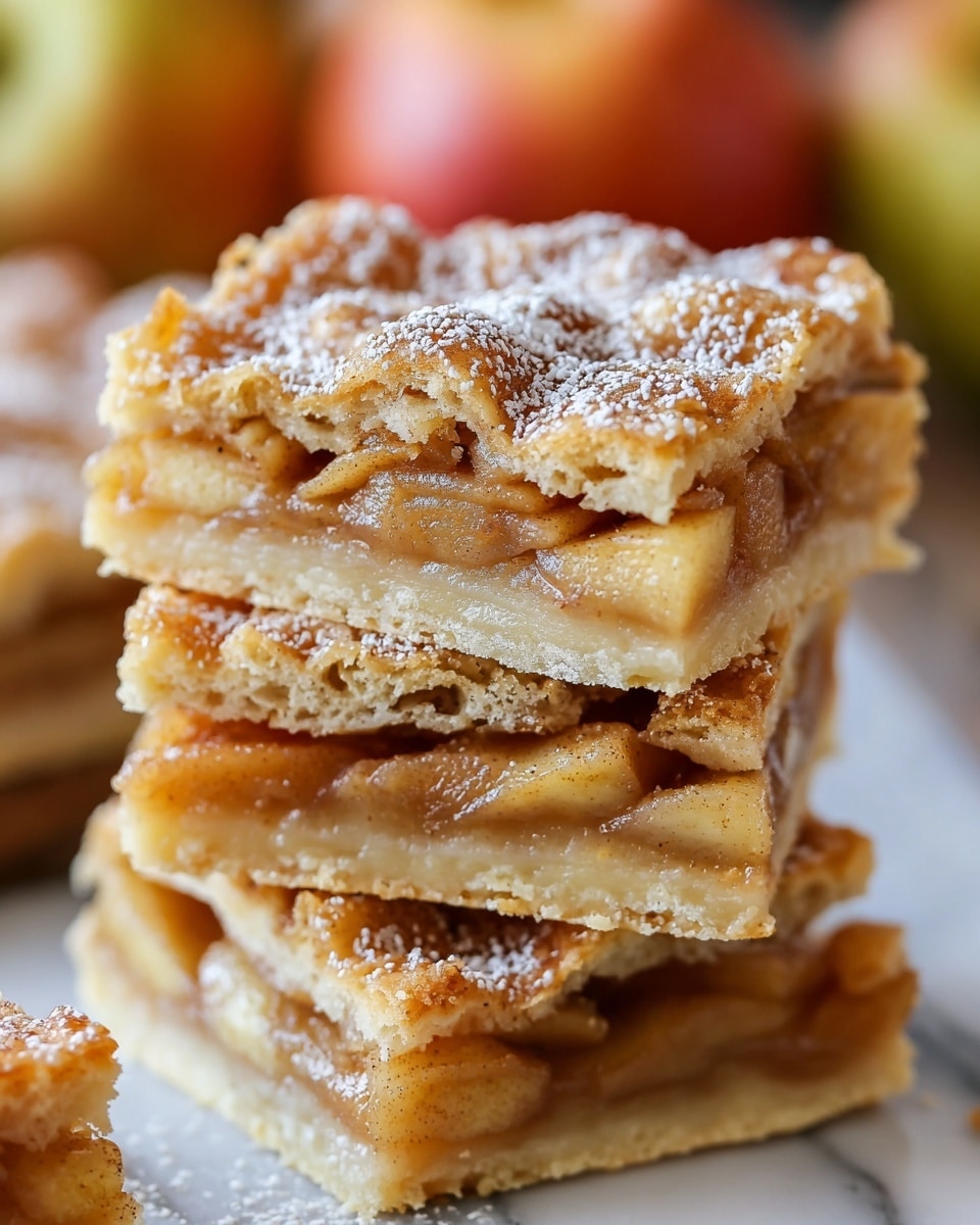 A close-up image of a stack of four square apple pie bars, each bar showing three visible layers: a pale golden, flaky crust at the bottom, a middle layer of soft, thinly sliced apples with a light brown cinnamon glaze, and a top layer of golden crust sprinkled lightly with powdered sugar. The top crust has a slightly cracked, textured look with a warm brown color from baking. The stack is placed on a base that is blurred but appears to be a white plate, set on a white marbled surface, with a soft background of out-of-focus apples in warm tones. photo taken with an iphone --ar 4:5 --v 7