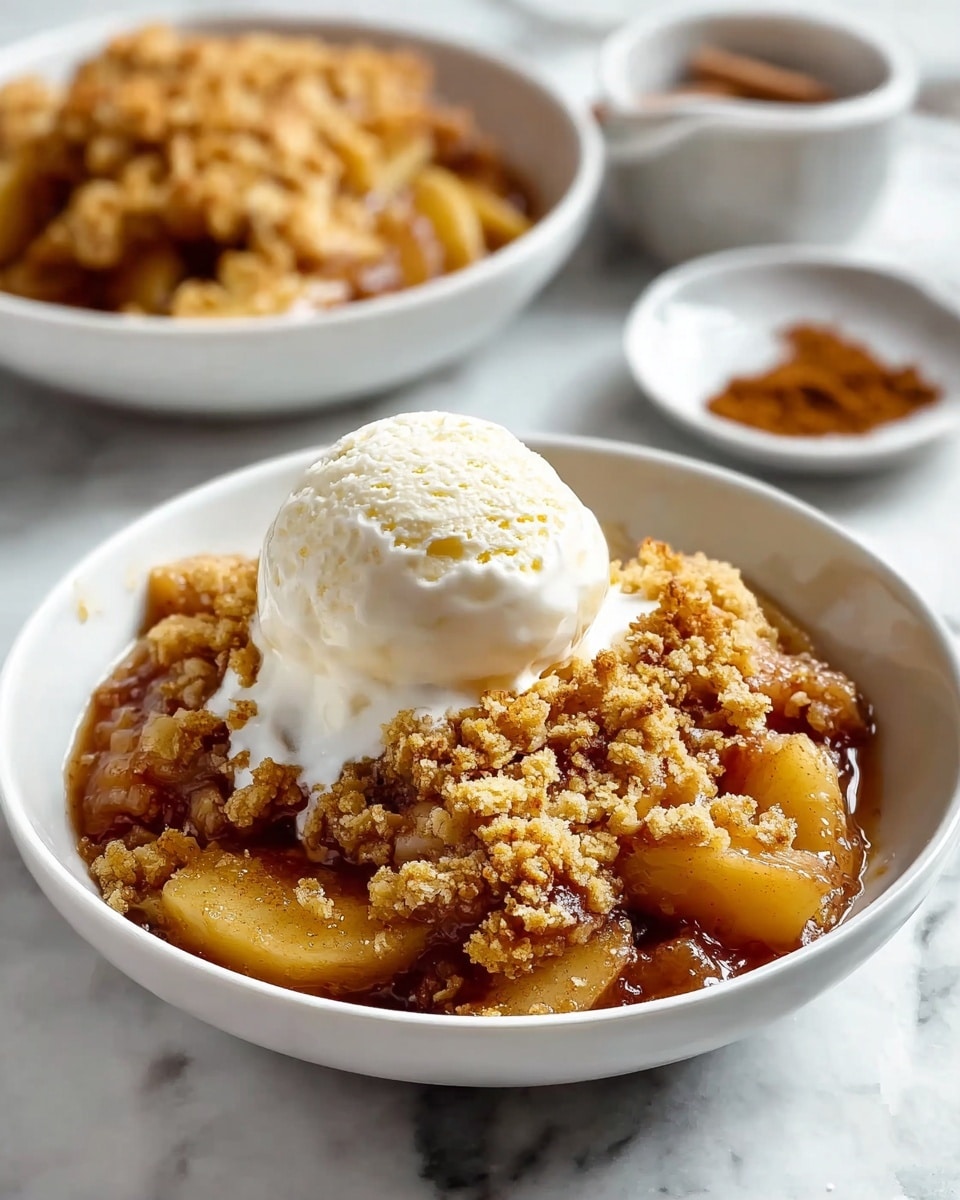 The dish shows a white bowl filled with a warm apple crumble. The bottom layer consists of golden, soft apple chunks soaked in a glossy, cinnamon-spiced brown sauce. On top is a thick, crumbly layer of baked, golden brown topping with a slightly rough texture. A round scoop of creamy, white vanilla ice cream rests on the crumble, starting to melt and drip slightly over the edges. The bowl sits on a white marbled surface, with another similar bowl and a small white dish of cinnamon in a blurred background. Photo taken with an iphone --ar 4:5 --v 7