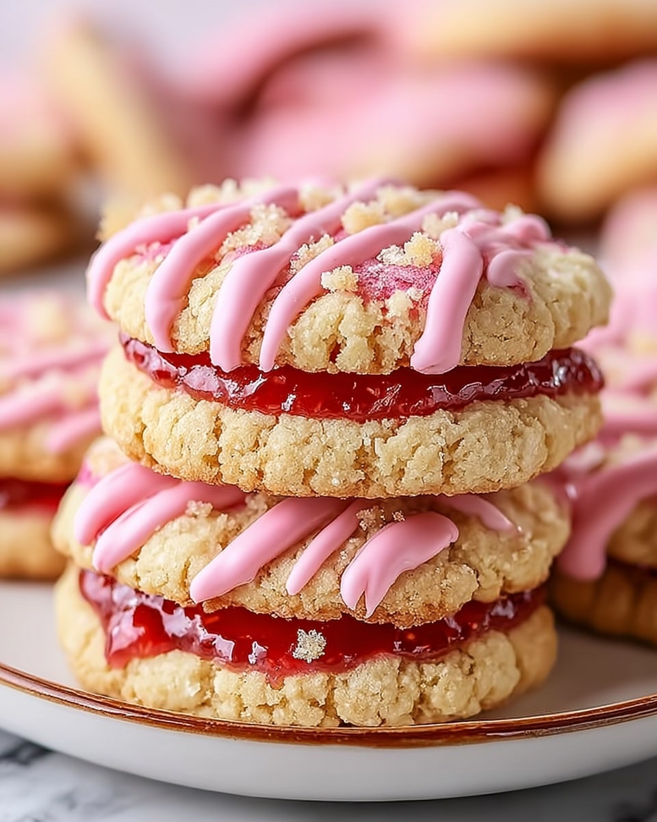 Two stacked cookies on a white plate with a brown rim, each cookie showing three layers: the bottom and top layers are light golden brown with a crumbly texture, the middle layer is filled with bright red strawberry jam, and the top cookie is decorated with thick pink icing drizzled in lines and sprinkled with crumbly bits. More cookies with similar layers and pink icing are blurred in the background on a white marbled surface. Photo taken with an iphone --ar 4:5 --v 7