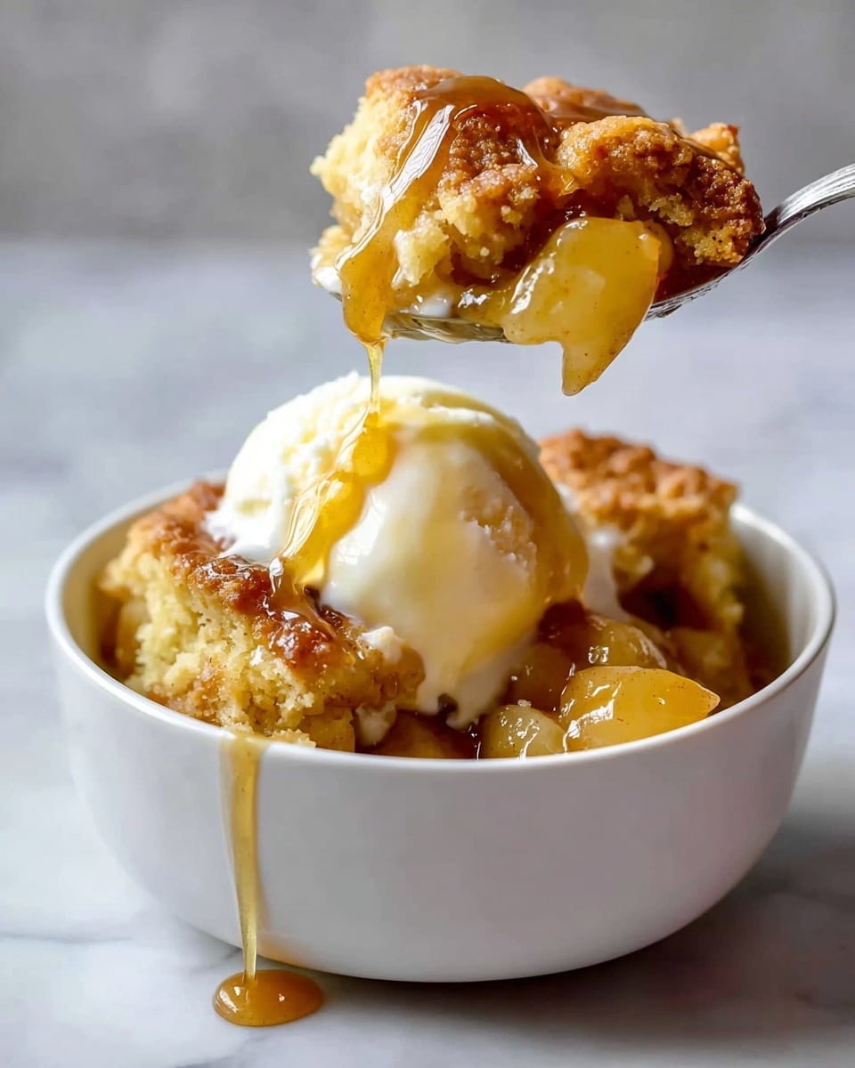 A white bowl filled with warm apple cobbler showing three layers: a top layer of golden brown biscuit crust with a crumbly texture, a middle layer of soft, light yellow vanilla ice cream melting and dripping slightly, and a bottom layer of glossy, caramel-colored cooked apple chunks with syrup dripping down the bowl. A spoon lifts a scoop that combines all three layers, with syrup dripping and ice cream melting over the crust. The bowl sits on a white marbled surface with a soft, blurred background. photo taken with an iphone --ar 4:5 --v 7
