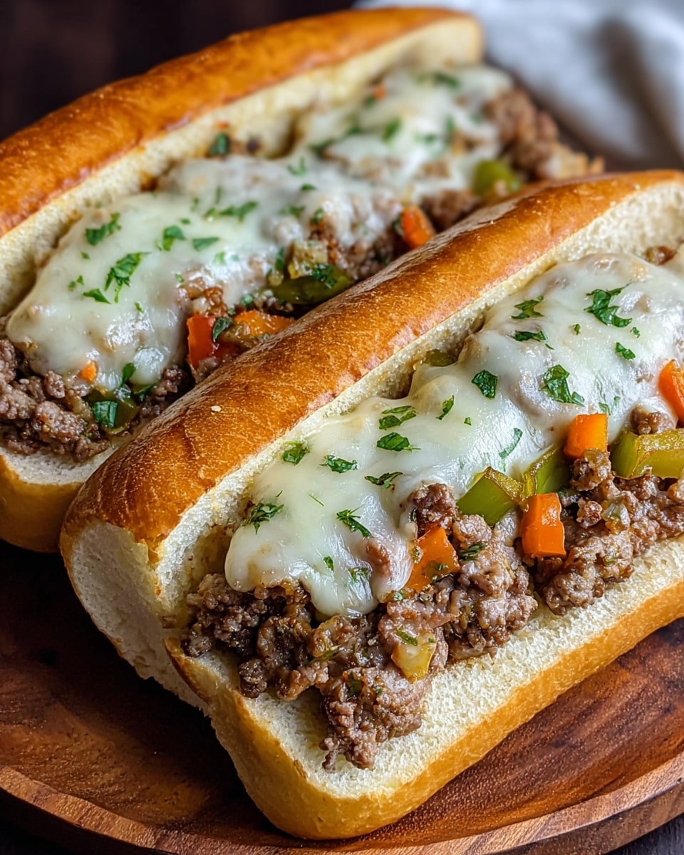 Two sandwich rolls lie side by side on a round wooden board, both filled with three layers. The bottom layer is the soft inside of the light golden-brown roll. On top of that is a thick layer of cooked ground beef mixed with small pieces of orange and green bell peppers and sprinkled with chopped green herbs. The top layer is melted white cheese, gooey and slightly browned, covering the beef and peppers evenly. The surrounding crust of the rolls is shiny and crusty. The photo taken with an iphone --ar 4:5 --v 7