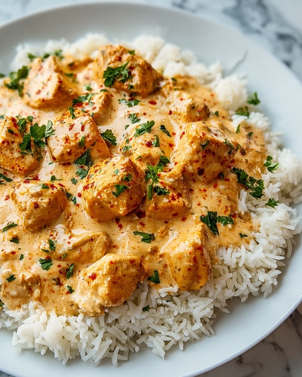 A white plate shows a dish with two layers: the bottom layer is a bed of fluffy white rice with clear individual grains, and the top layer is creamy chicken pieces covered in a thick, light orange sauce with visible red and brown spices. The chicken pieces are golden brown and seared, slightly rough in texture, and the sauce looks smooth and rich. Some fresh green chopped parsley is sprinkled evenly over the sauce. The plate sits on a white marbled surface. photo taken with an iphone --ar 4:5 --v 7