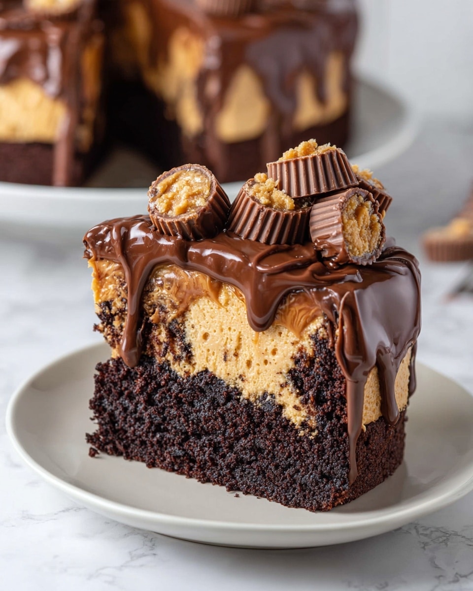 A slice of two-layer cake sits on a white plate placed on a white marbled surface. The bottom layer is a dark, moist chocolate cake, and the top layer is a creamy peanut butter filling with a slightly grainy texture visible. The cake is covered with a thick, glossy chocolate ganache that drips down the sides in smooth flows. On top, several halved peanut butter cup candies with a crunchy peanut center are arranged, adding detail and texture to the slice. In the background, the whole cake is slightly blurred but visible on a white dish. Photo taken with an iphone --ar 4:5 --v 7