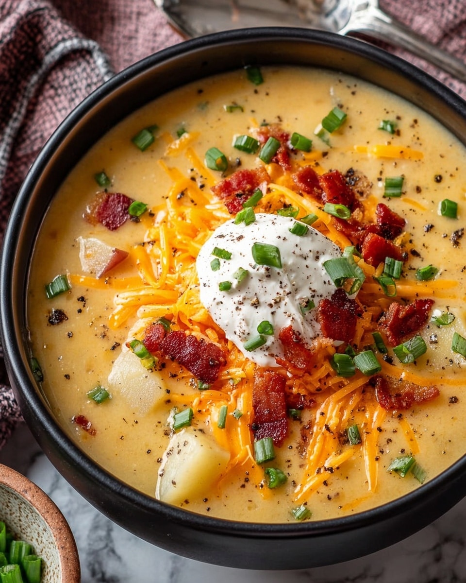 A black bowl filled with creamy yellow potato soup showing chunks of potato beneath the smooth surface, topped with shredded bright orange cheddar cheese spread evenly in the center, scattered crispy red-brown bacon pieces, a dollop of white sour cream placed on top of the cheese, and sprinkled with fresh chopped green onions and black pepper specks, all set on a white marbled surface. photo taken with an iphone --ar 4:5 --v 7