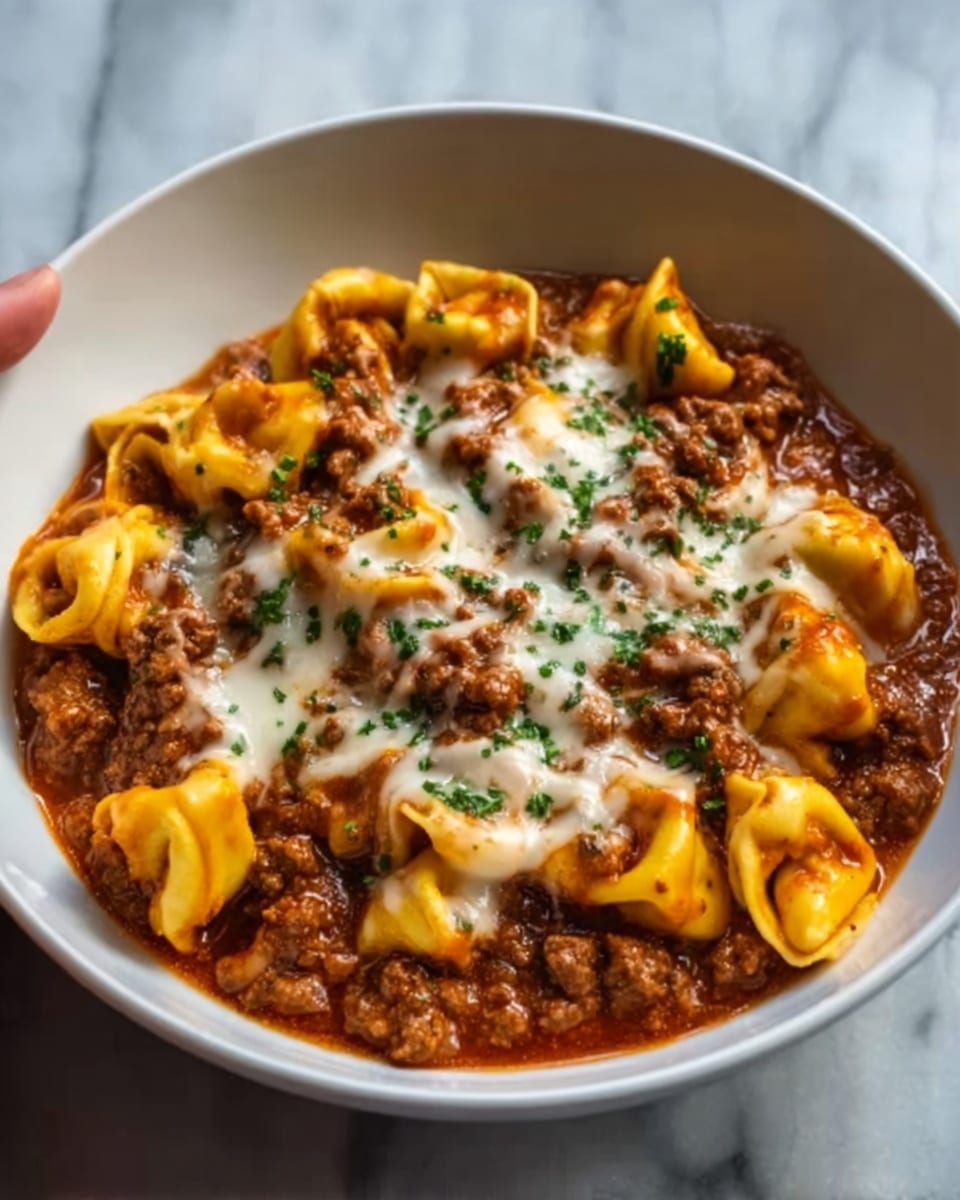 The image shows a white bowl filled with tortellini pasta covered in a thick, rich meat sauce. The tortellini are yellow and plump, layered beneath a generous amount of brown, chunky ground meat sauce mixed with hints of tomato. On top, melted white cheese is stretched across the pasta and sauce, with small green herb pieces sprinkled over it. The bowl sits on a white marbled surface, and a woman's hand is about to hold the bowl from the side. Photo taken with an iphone --ar 4:5 --v 7