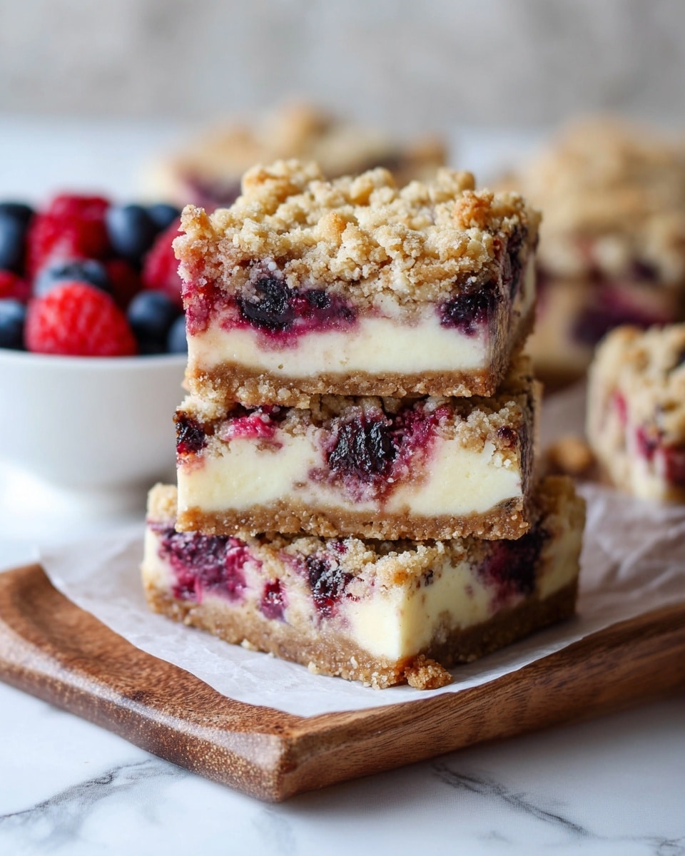 The image shows a stack of three dessert bars with visible layers resting on a wooden tray lined with parchment paper, placed on a white marbled surface. Each bar has three layers: the bottom layer is a light brown crumbly crust, the middle layer is a creamy off-white cheesecake filling mixed with red and dark purple berry pieces, and the top layer is a golden crumbly streusel with bits of berries peeking through. In the background, a white bowl filled with mixed berries adds a colorful soft focus. The whole scene is lit softly, emphasizing the textures and colors of the bars. photo taken with an iphone --ar 4:5 --v 7