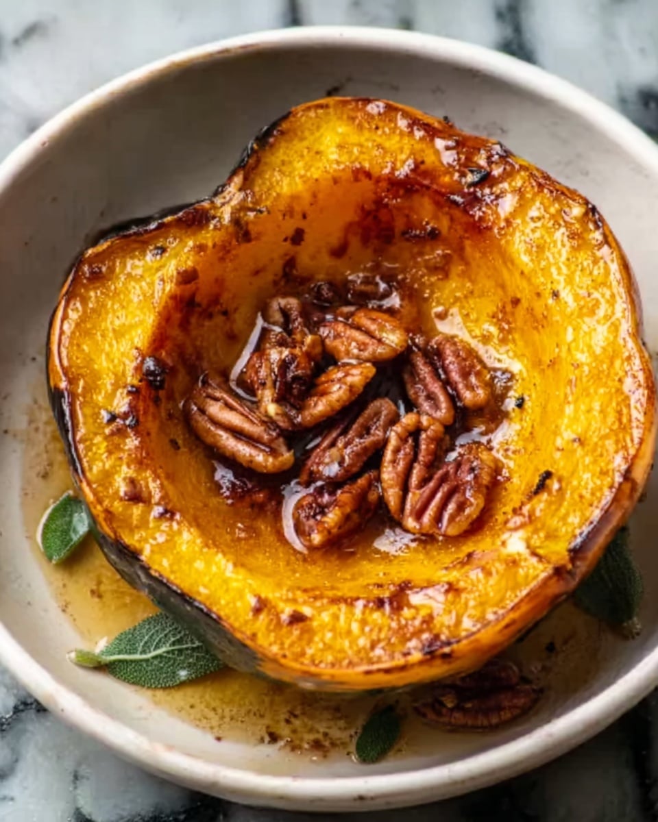 A roasted acorn squash half sits in a white bowl, its bright orange flesh soft and slightly caramelized with a shiny glaze. At the center, a small pile of glistening pecans adds texture and rich brown tones. Around the squash, a few small green herb leaves lay scattered on the white marbled background. The edges of the squash are slightly browned and wrinkled, showing it is cooked well. Photo taken with an iphone --ar 4:5 --v 7