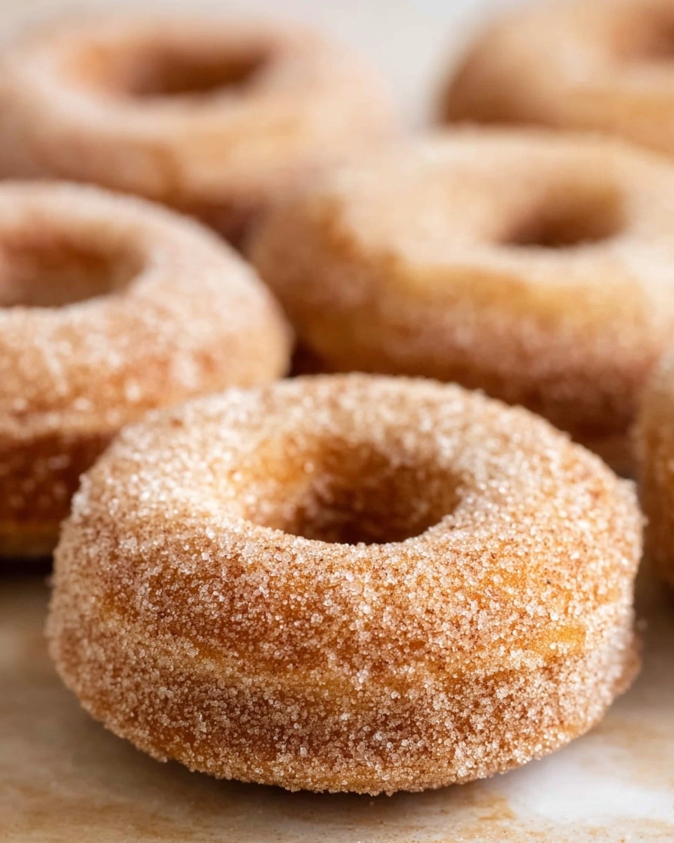 The image shows several small round donuts with a classic ring shape, covered evenly with a coating of granulated sugar that gives them a rough, sparkly texture. The donuts are light golden brown, indicating they are fried or baked to a perfect crisp outside. They are placed closely together on a flat surface with a soft wood look but changed to a white marbled texture. The focus is on one donut in the front, making it sharp and clear, while the others behind are softly blurred, adding depth to the image. Photo taken with an iphone --ar 4:5 --v 7