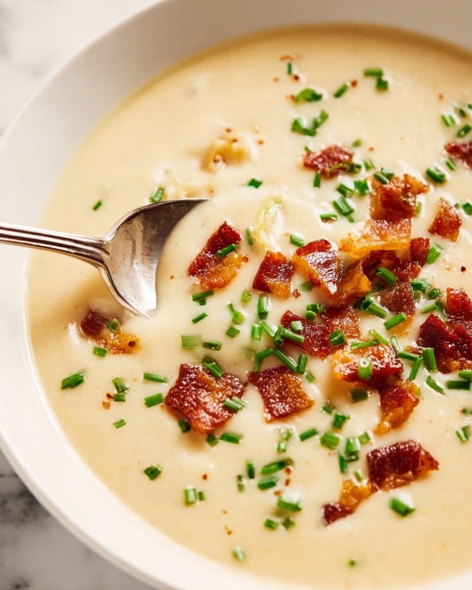 A close-up view of creamy soup served in a white bowl, with a smooth, light beige base as the first layer. On top of the soup, there are small pieces of crispy brown bacon scattered unevenly, adding a crunchy texture. Green chopped chives are sprinkled over, providing a fresh, vibrant contrast to the creamy soup. A metallic spoon is dipped into the soup, stirring or scooping up a portion. The background features a white marbled texture. Photo taken with an iphone --ar 4:5 --v 7