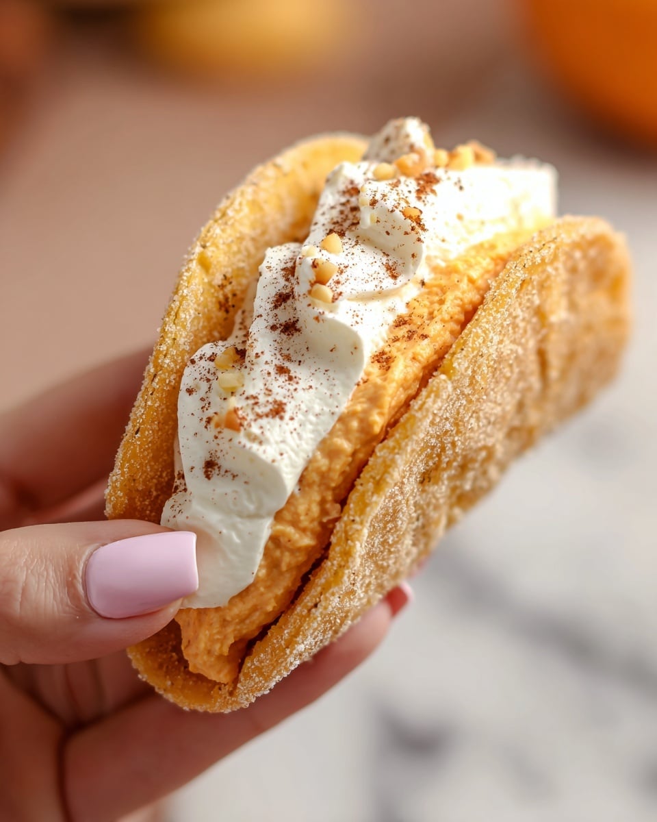 A close-up of a small dessert taco held by a woman's hand showing long, white nails. The taco shell is light brown with a sugar-coated crispy texture. Inside, there are two main visible layers: the bottom layer is a smooth, bright orange filling with a slightly rough surface, resembling pumpkin or sweet potato puree; the top layer is creamy white whipped cream sprinkled with tiny bits of chopped nuts and light brown cinnamon powder. The background has a soft, blurred white marbled texture with warm tones. photo taken with an iphone --ar 4:5 --v 7