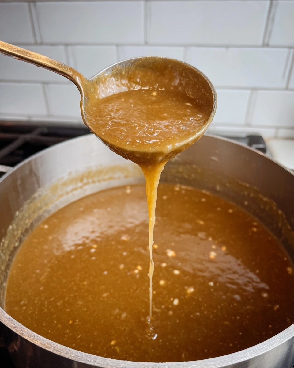 The image shows a close-up of a ladle lifting thick brown gravy from a pot. The gravy is smooth with small visible bits, and it drips slowly from the ladle back into the pot below, which is filled with the same rich brown gravy. The ladle is metallic, and the background features white tiles with a faint white marbled texture underneath. The overall look is warm and hearty, highlighting the gravy's thick, glossy texture. photo taken with an iphone --ar 4:5 --v 7